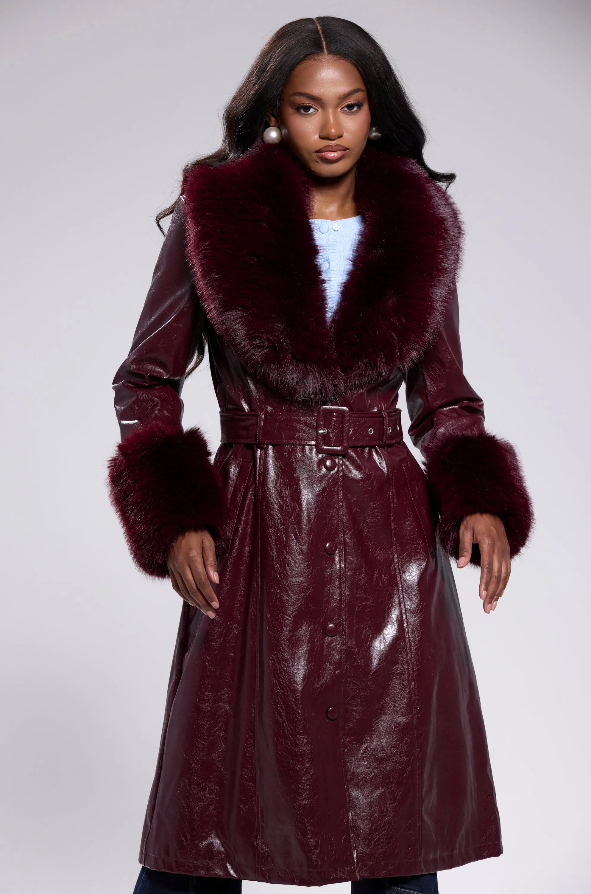 KAYA FUR TRIM TRENCH IN BURGUNDY sold by AKIRA product image thumbnail 2