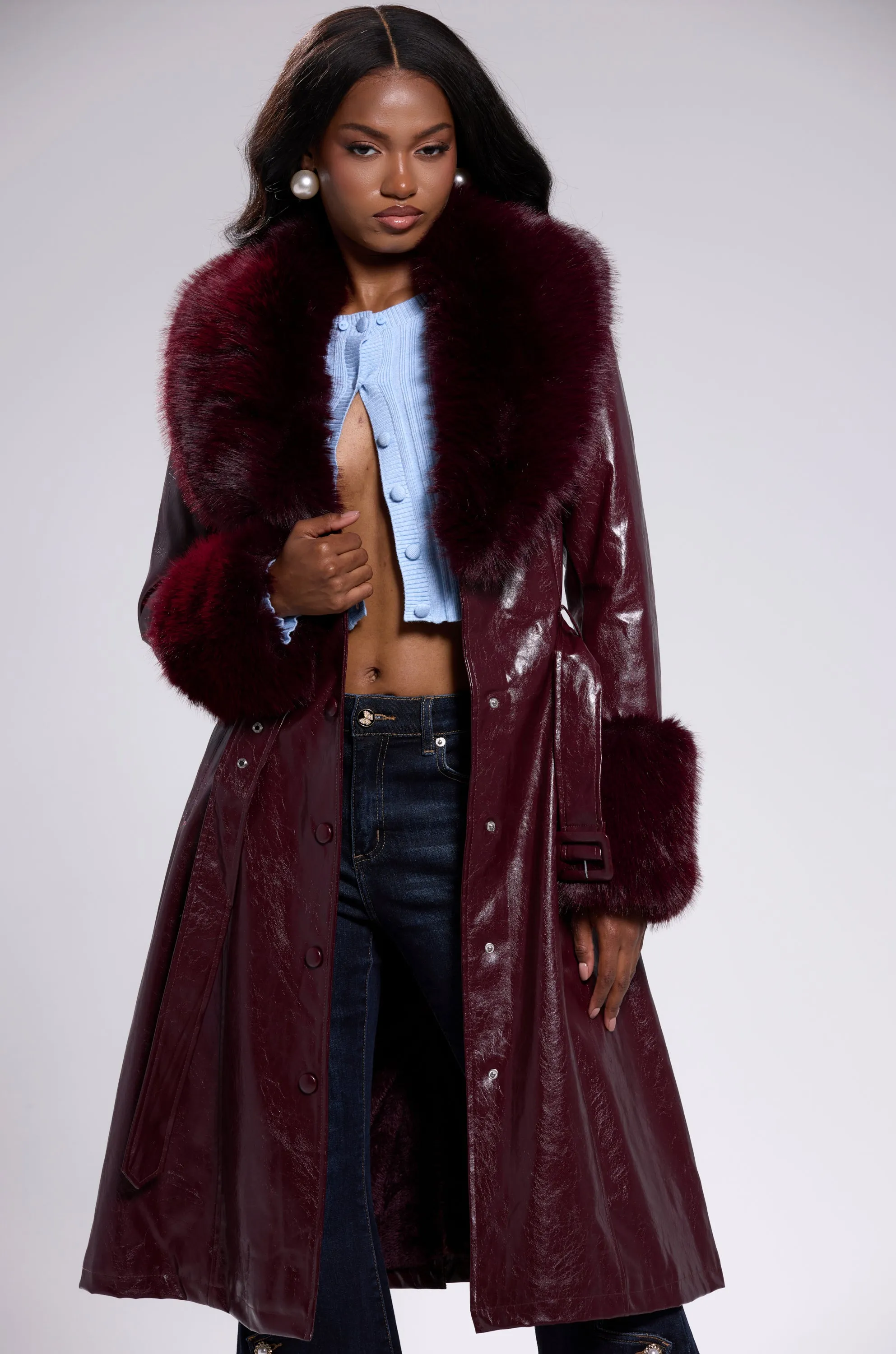 KAYA FUR TRIM TRENCH IN BURGUNDY sold by AKIRA
