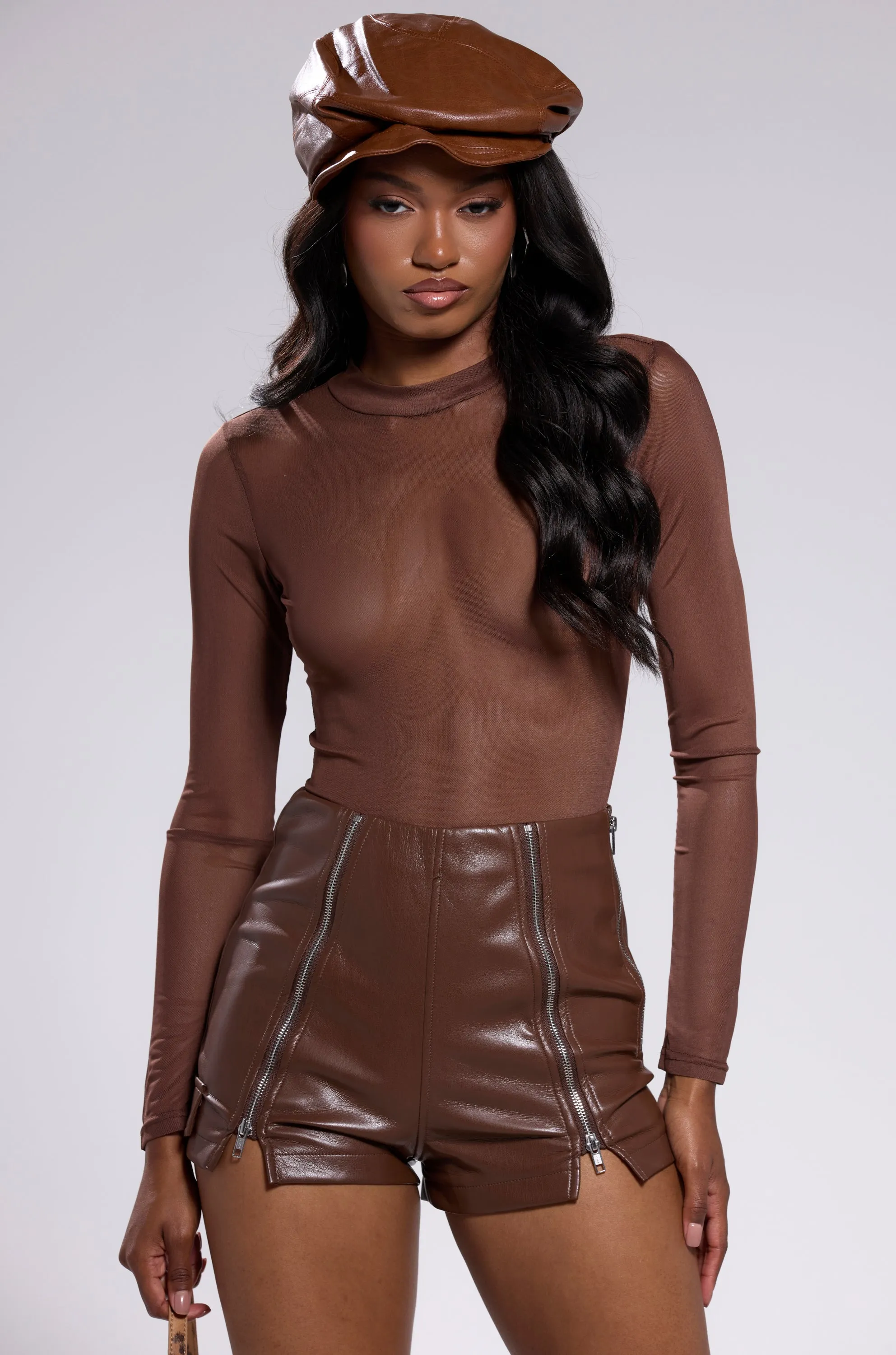 PAXTON SEXY MESH CASUAL BODYSUIT IN BROWN sold by AKIRA product image thumbnail 5