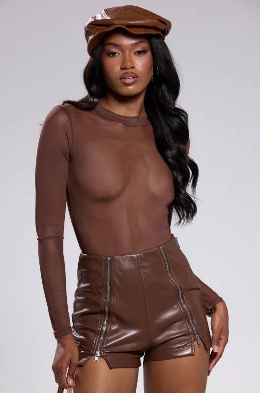PAXTON SEXY MESH CASUAL BODYSUIT IN BROWN sold by AKIRA