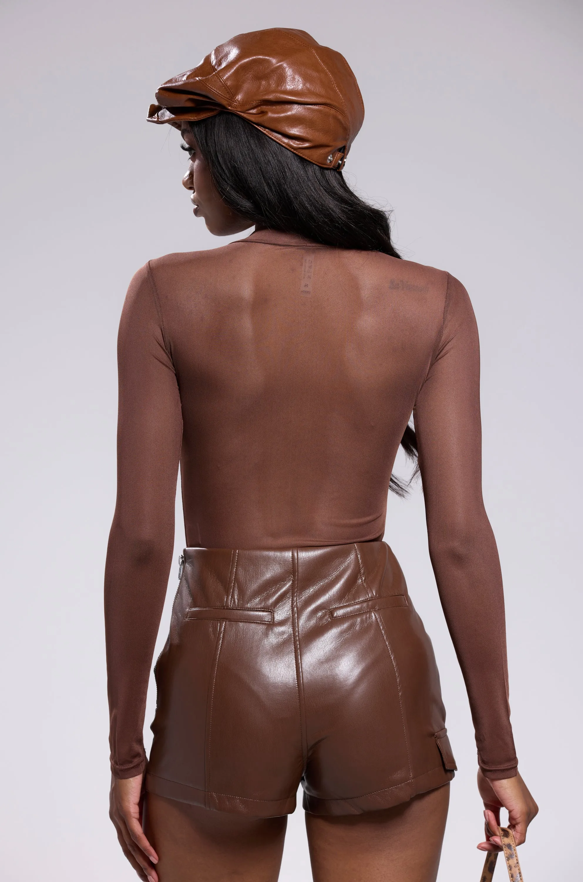 PAXTON SEXY MESH CASUAL BODYSUIT IN BROWN sold by AKIRA product image thumbnail 4