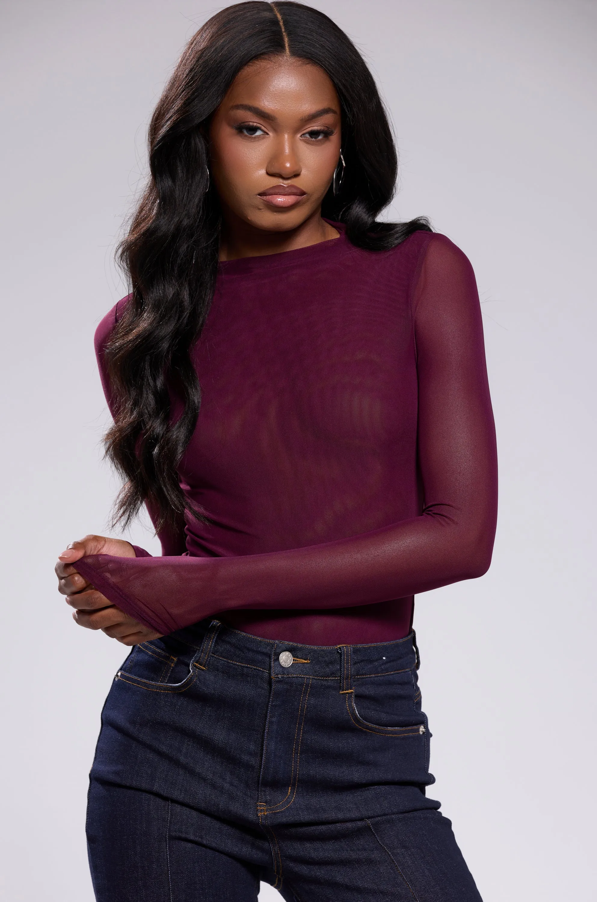 PAXTON SEXY MESH LONG SLEEVE BODYSUIT IN PLUM PURPLE sold by AKIRA product image thumbnail 2