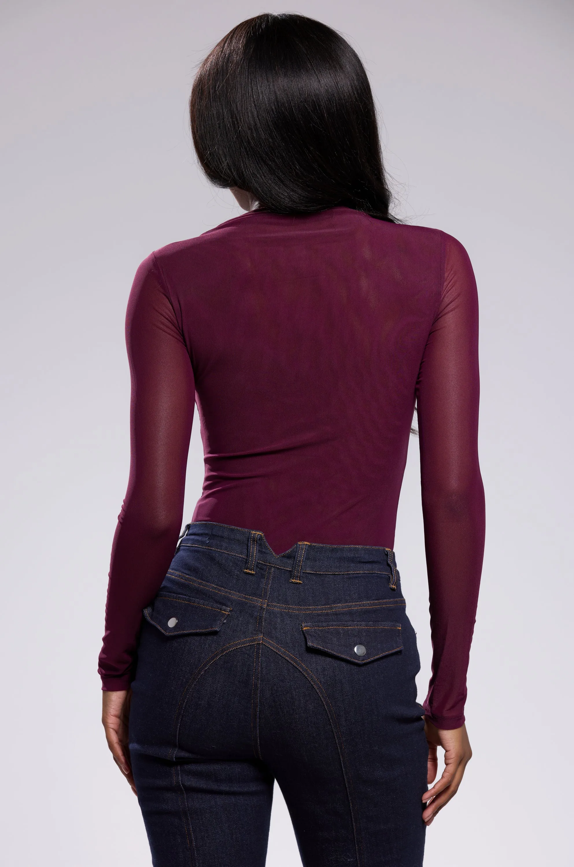 PAXTON SEXY MESH LONG SLEEVE BODYSUIT IN PLUM PURPLE sold by AKIRA product image thumbnail 5