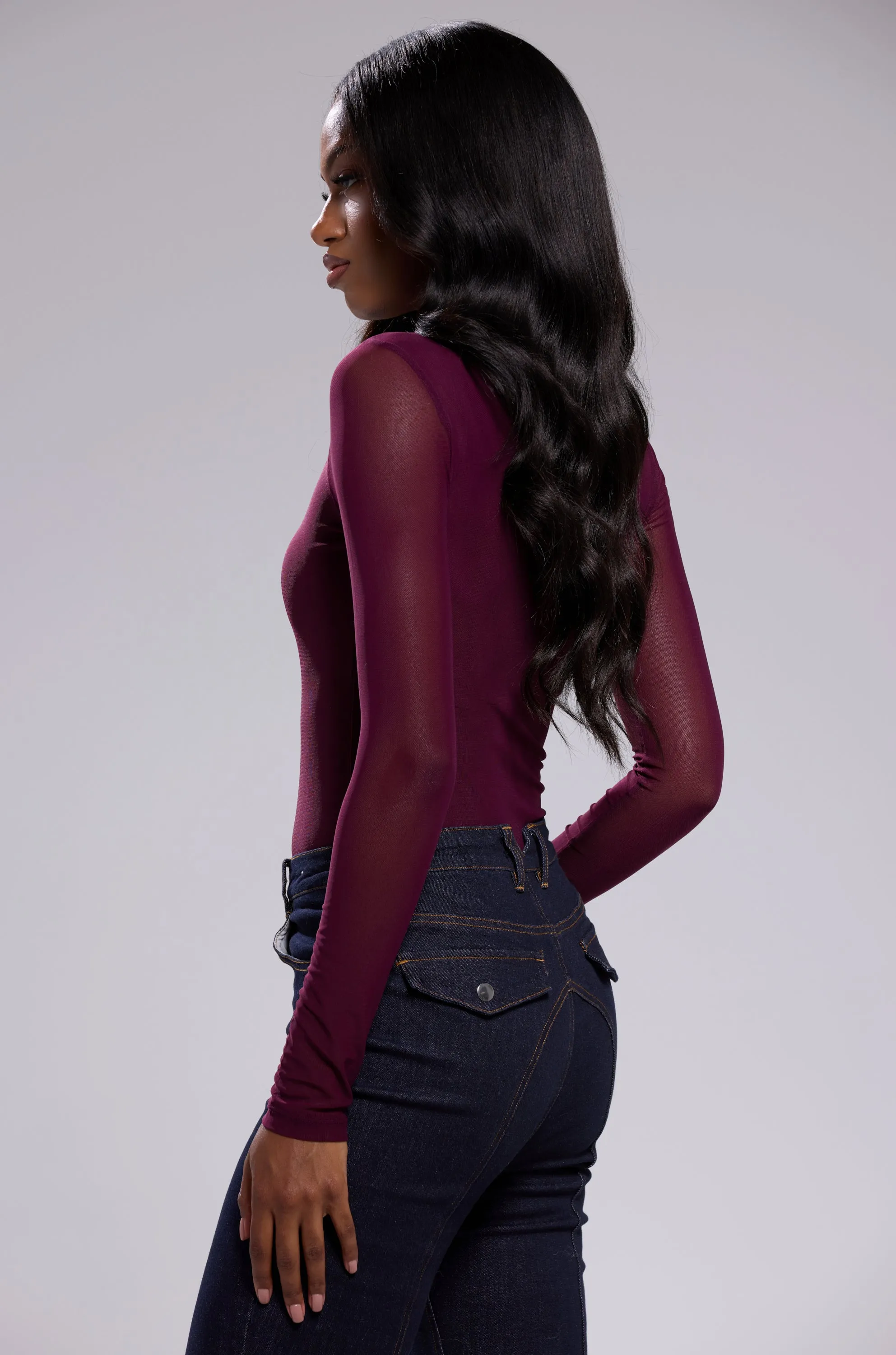 PAXTON SEXY MESH LONG SLEEVE BODYSUIT IN PLUM PURPLE sold by AKIRA product image thumbnail 4