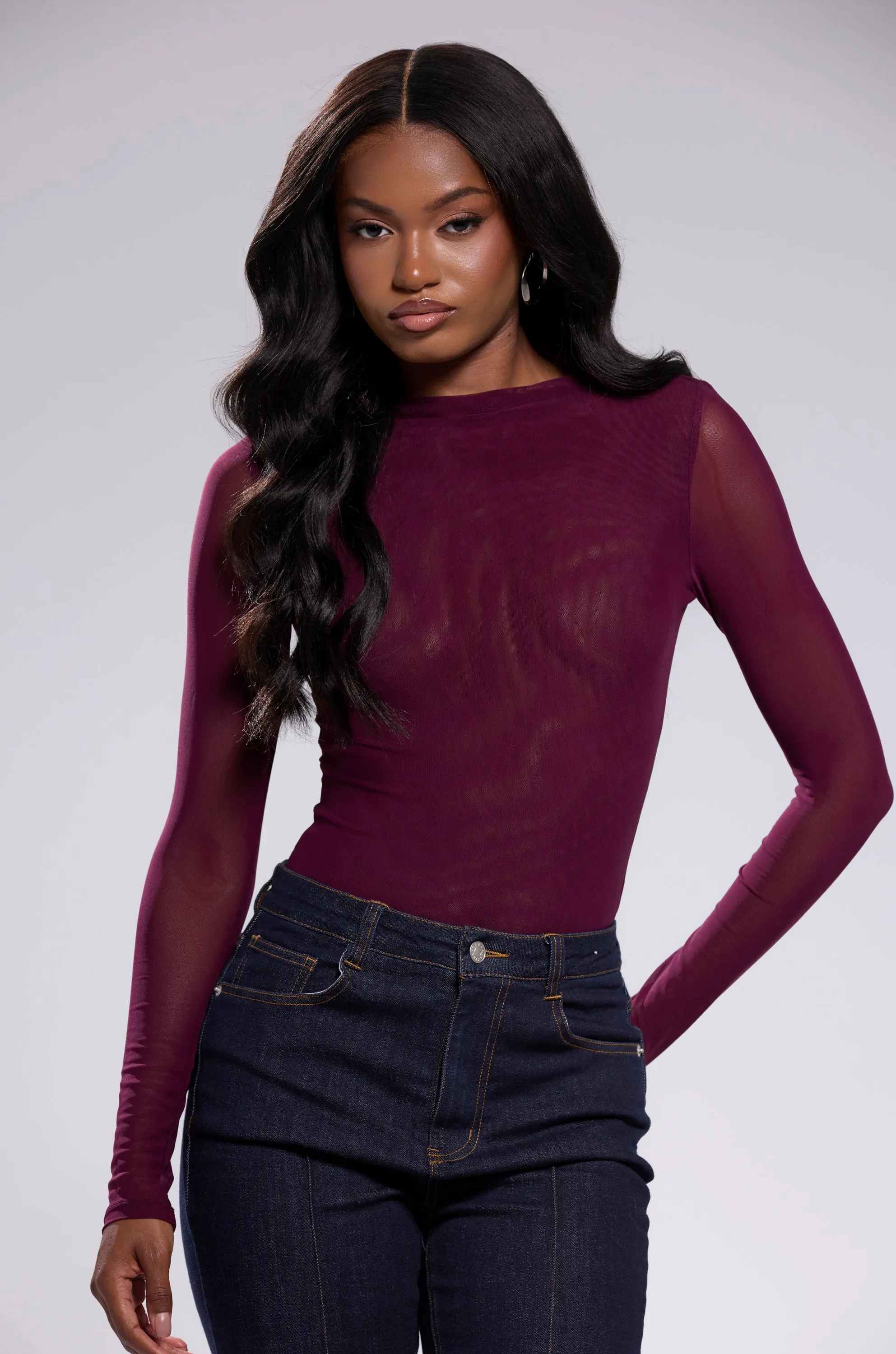 PAXTON SEXY MESH LONG SLEEVE BODYSUIT IN PLUM PURPLE sold by AKIRA