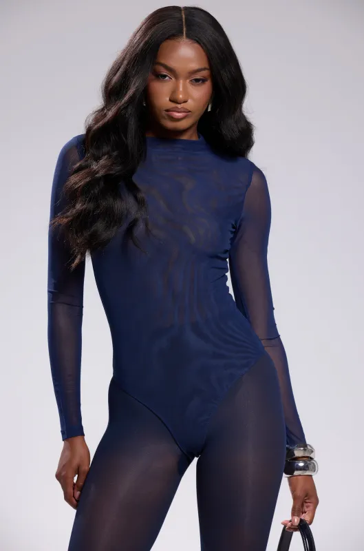 PAXTON SEXY MESH LONG SLEEVE BODYSUIT IN NAVY sold by AKIRA