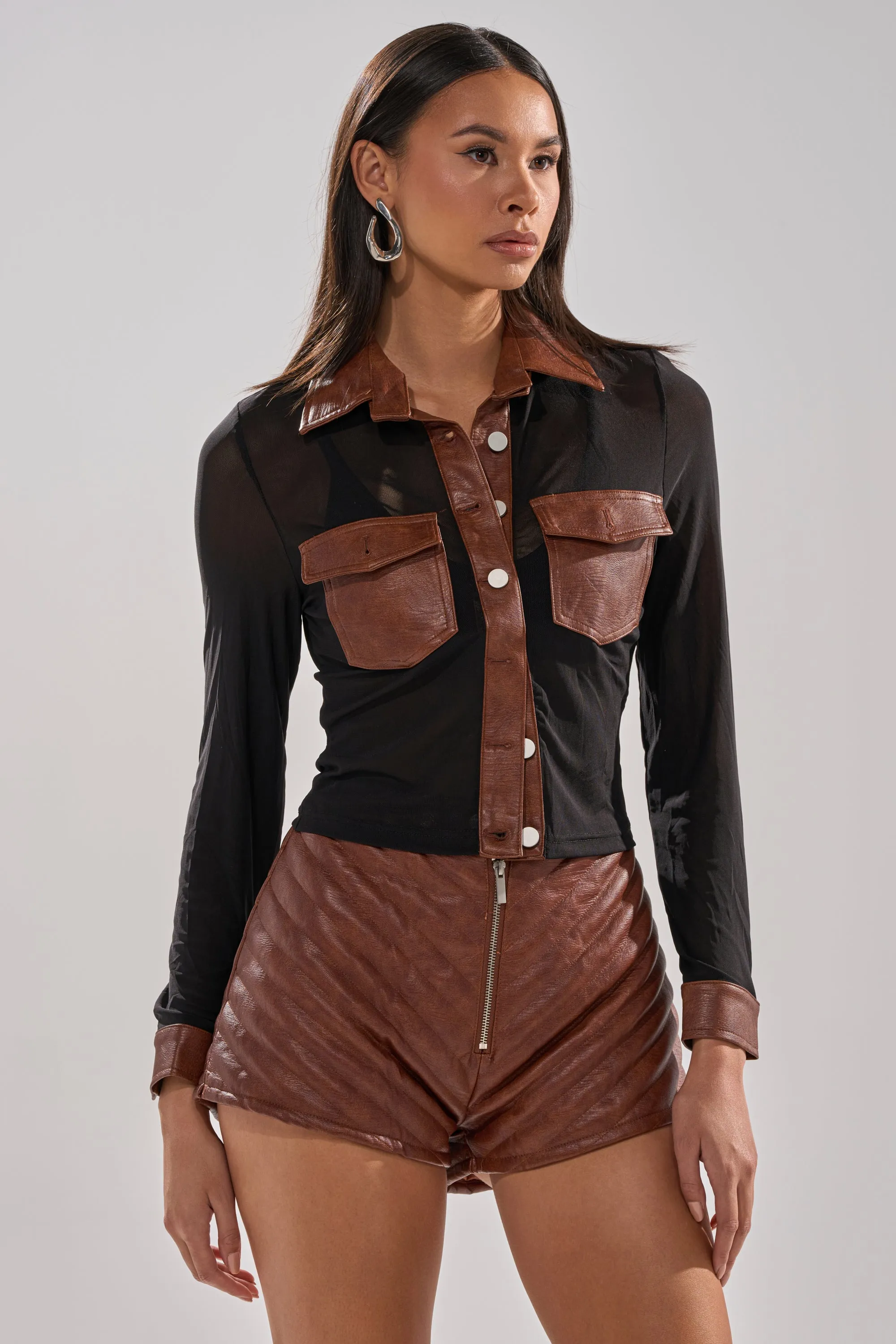GALAXY MESH BUTTON DOWN WITH FAUX LEATHER TRIM sold by AKIRA product image thumbnail 3