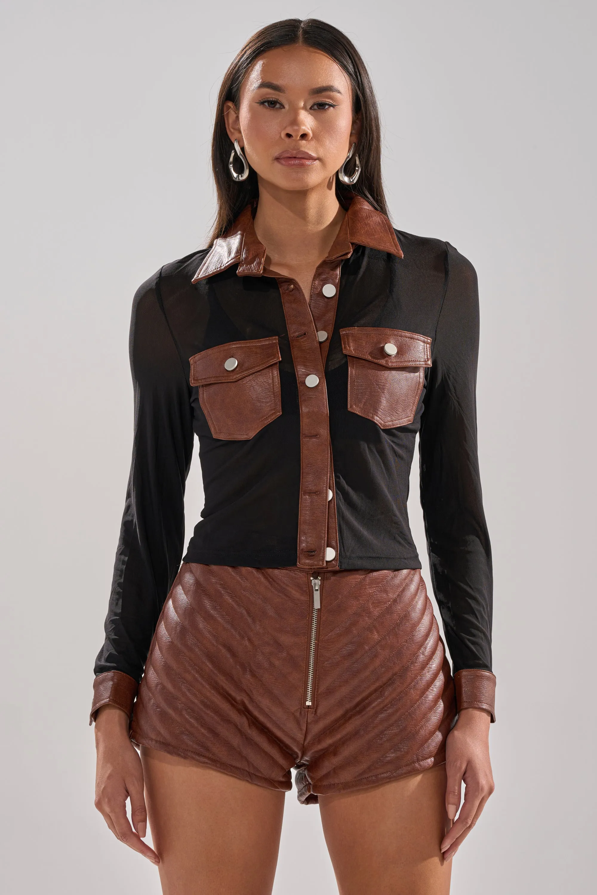 GALAXY MESH BUTTON DOWN WITH FAUX LEATHER TRIM sold by AKIRA product image thumbnail 5