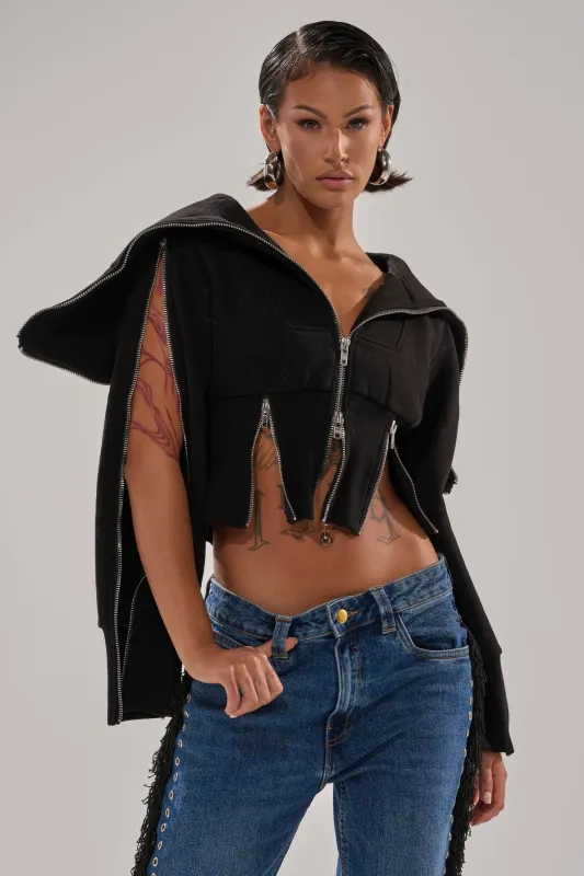 MULTI ZIP CORSETED HOODIE sold by AKIRA
