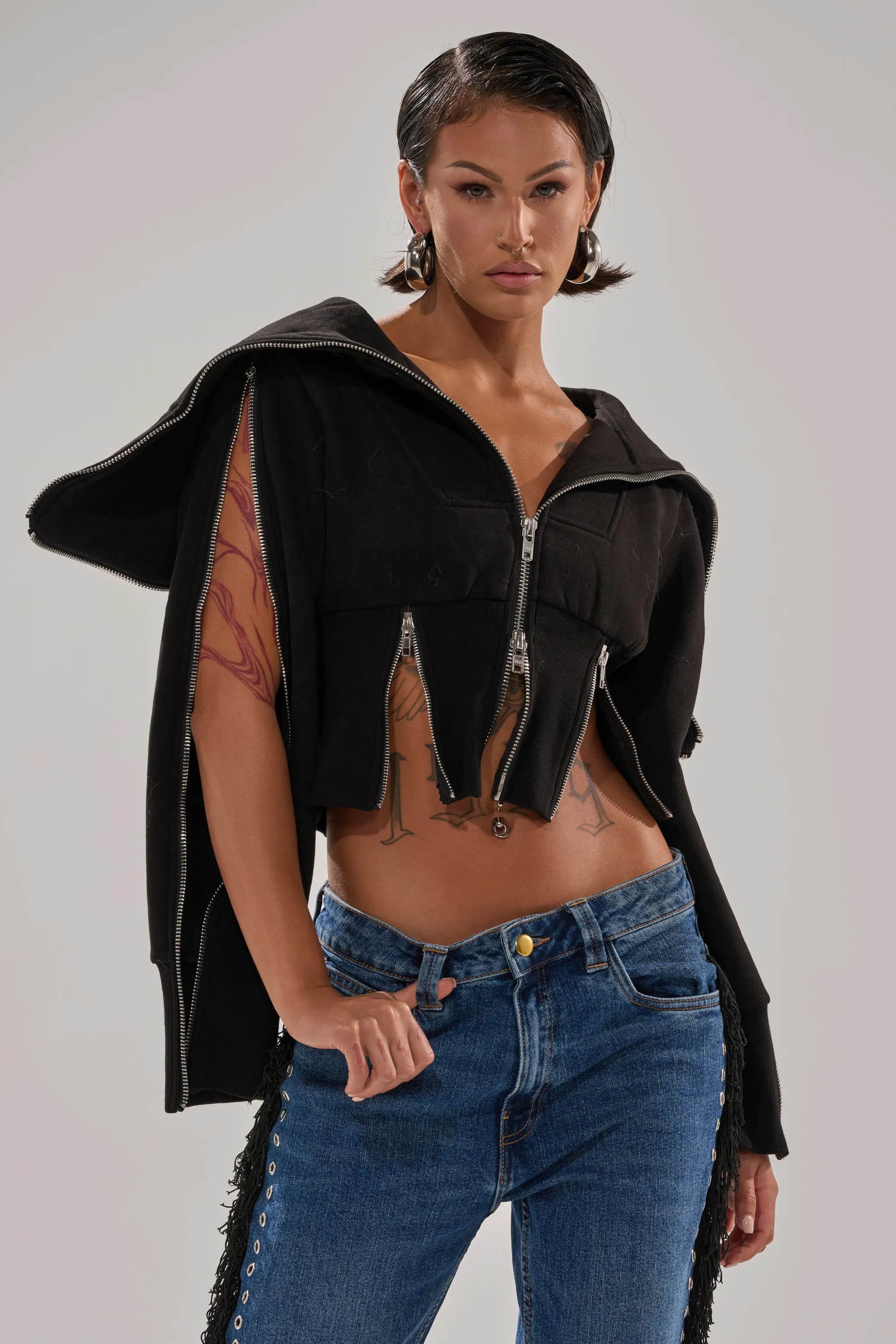 MULTI ZIP CORSETED HOODIE sold by AKIRA