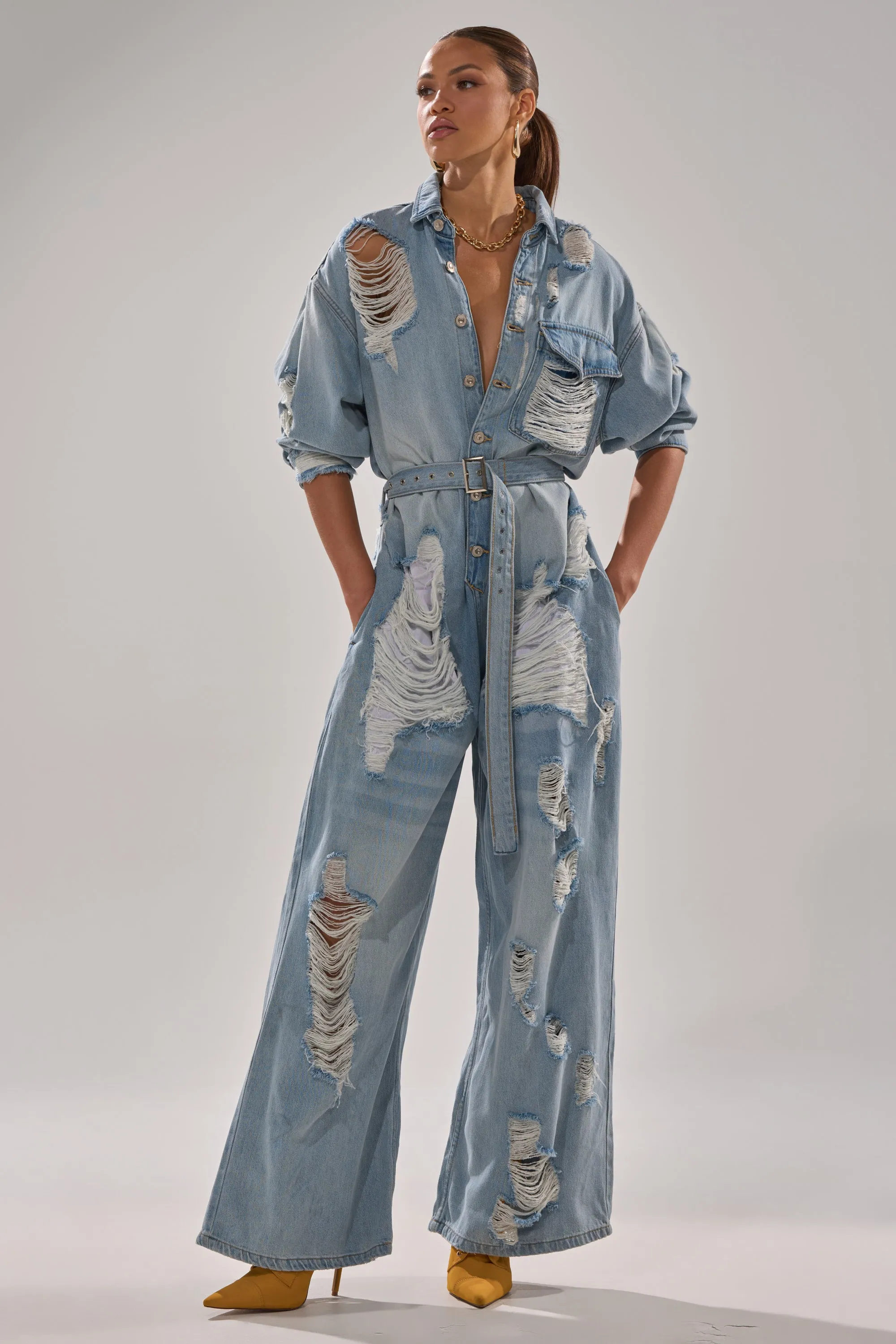 NOT TODAY EXTREME OVERSIZED DISTRESSED DENIM JUMPSUIT sold by AKIRA product image thumbnail 3