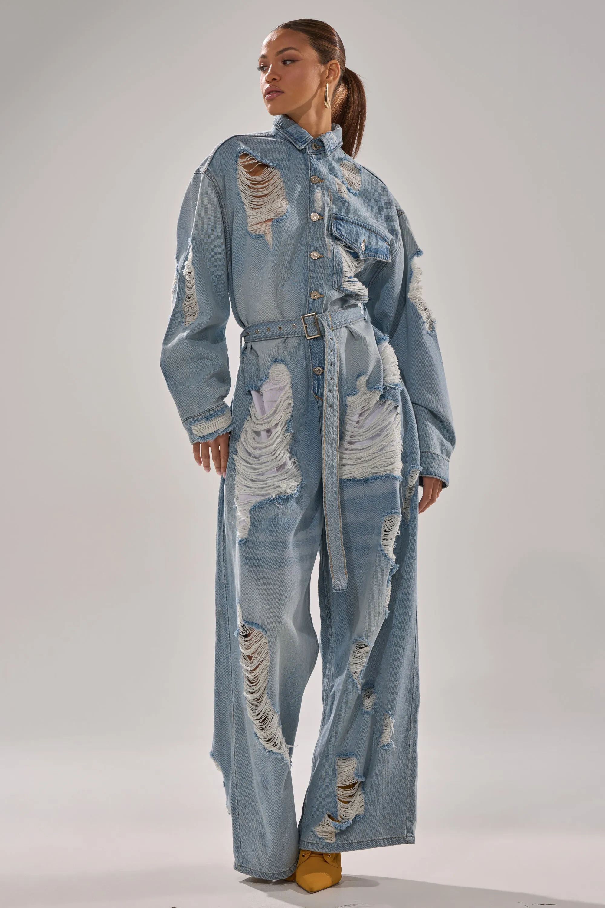 NOT TODAY EXTREME OVERSIZED DISTRESSED DENIM JUMPSUIT sold by AKIRA product image thumbnail 5