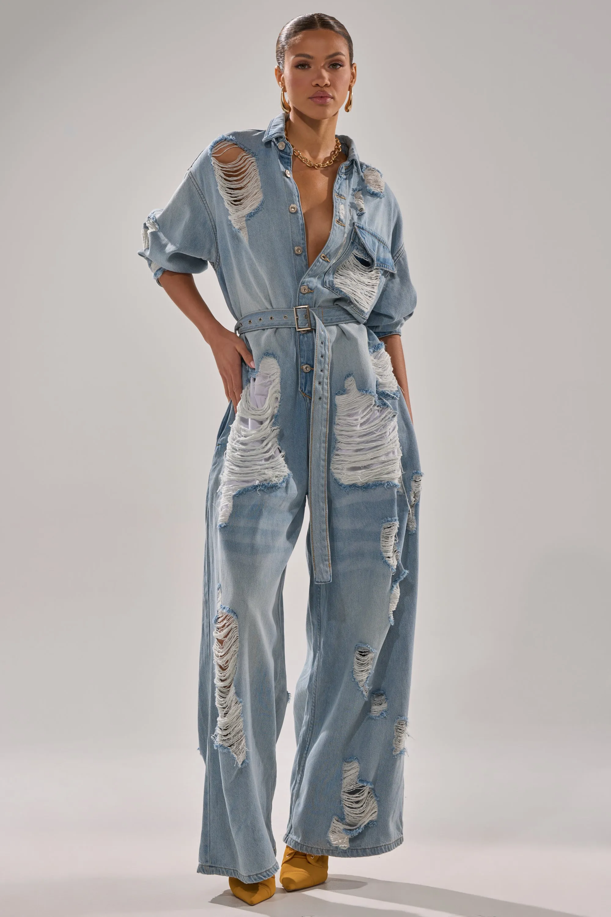 NOT TODAY EXTREME OVERSIZED DISTRESSED DENIM JUMPSUIT sold by AKIRA product image thumbnail 4