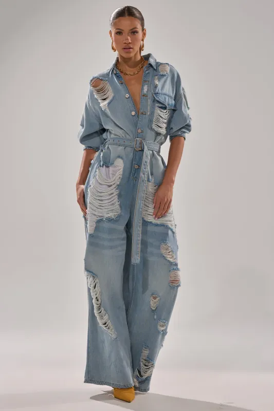 NOT TODAY EXTREME OVERSIZED DISTRESSED DENIM JUMPSUIT sold by AKIRA