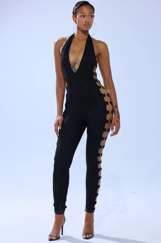 NOT FOR EVERYONE CUTOUT LACE JUMPSUIT sold by AKIRA