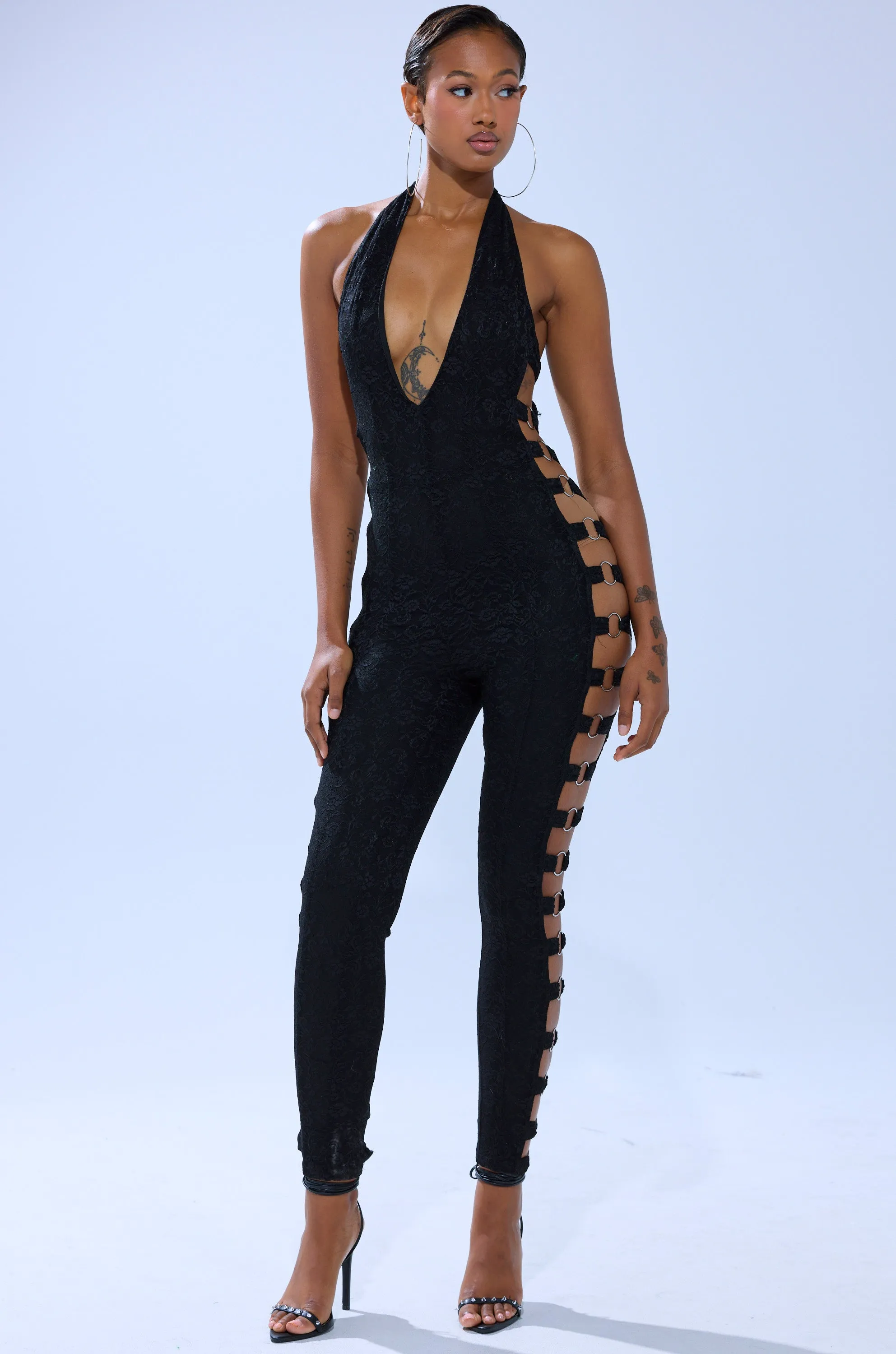 NOT FOR EVERYONE CUTOUT LACE JUMPSUIT sold by AKIRA