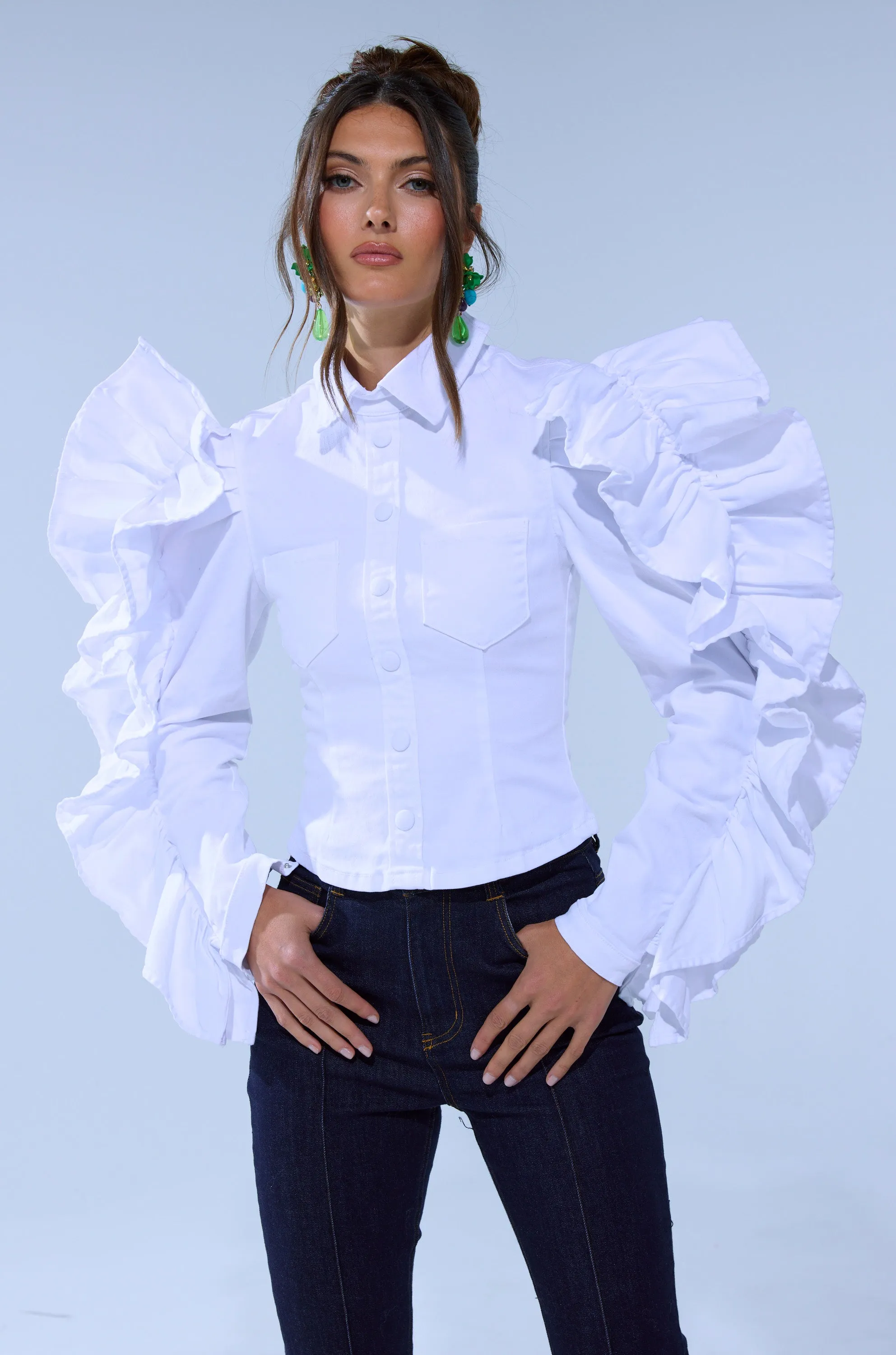DREA RUFFLE SLEEVE BUTTON DOWN sold by AKIRA product image thumbnail 2