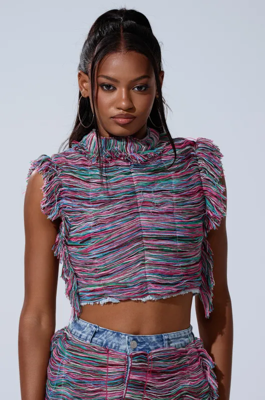 SHES GONE, DANCE ON GIRL SHREDDED DENIM TOP sold by AKIRA