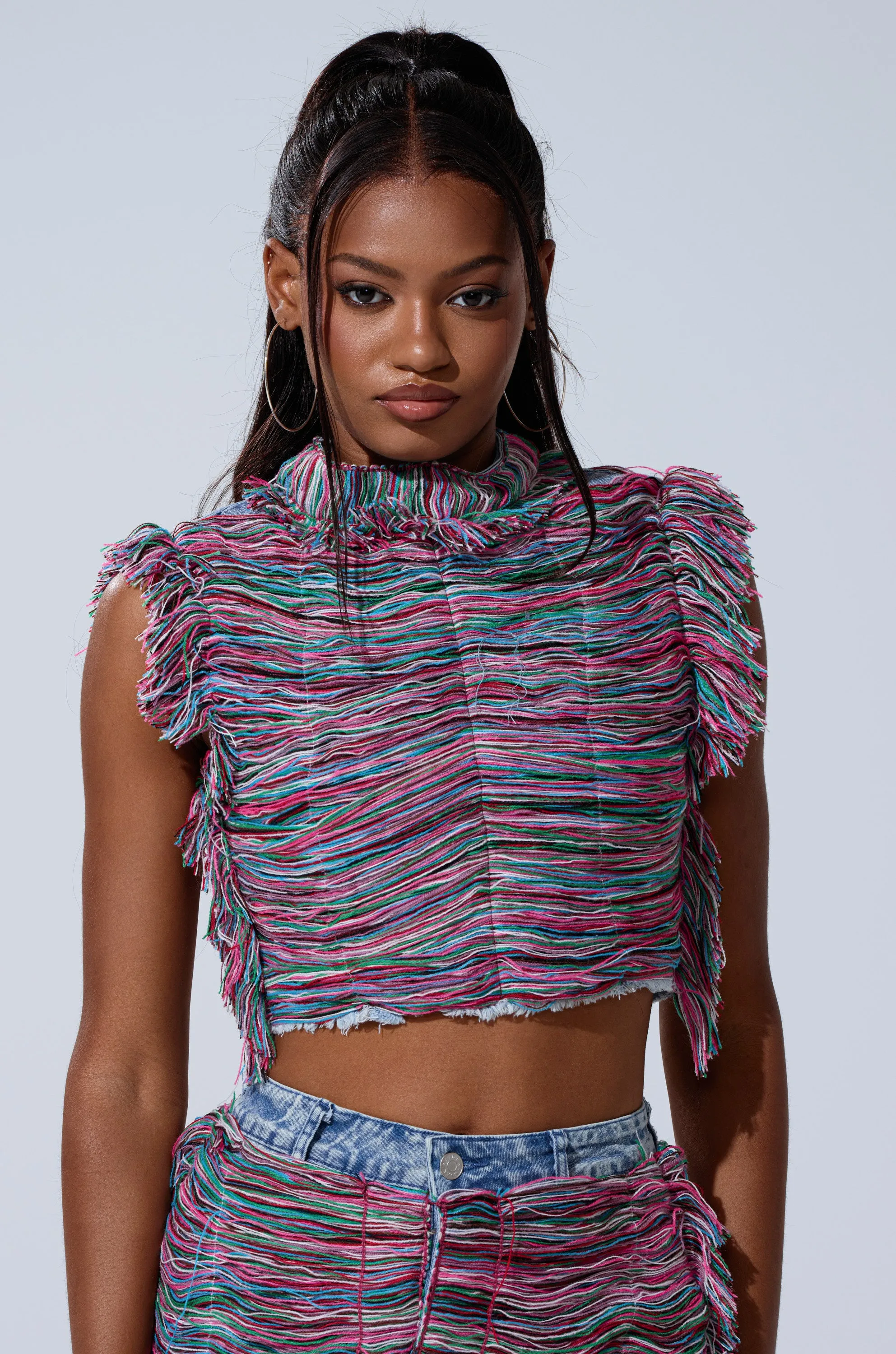 SHES GONE, DANCE ON GIRL SHREDDED DENIM TOP sold by AKIRA