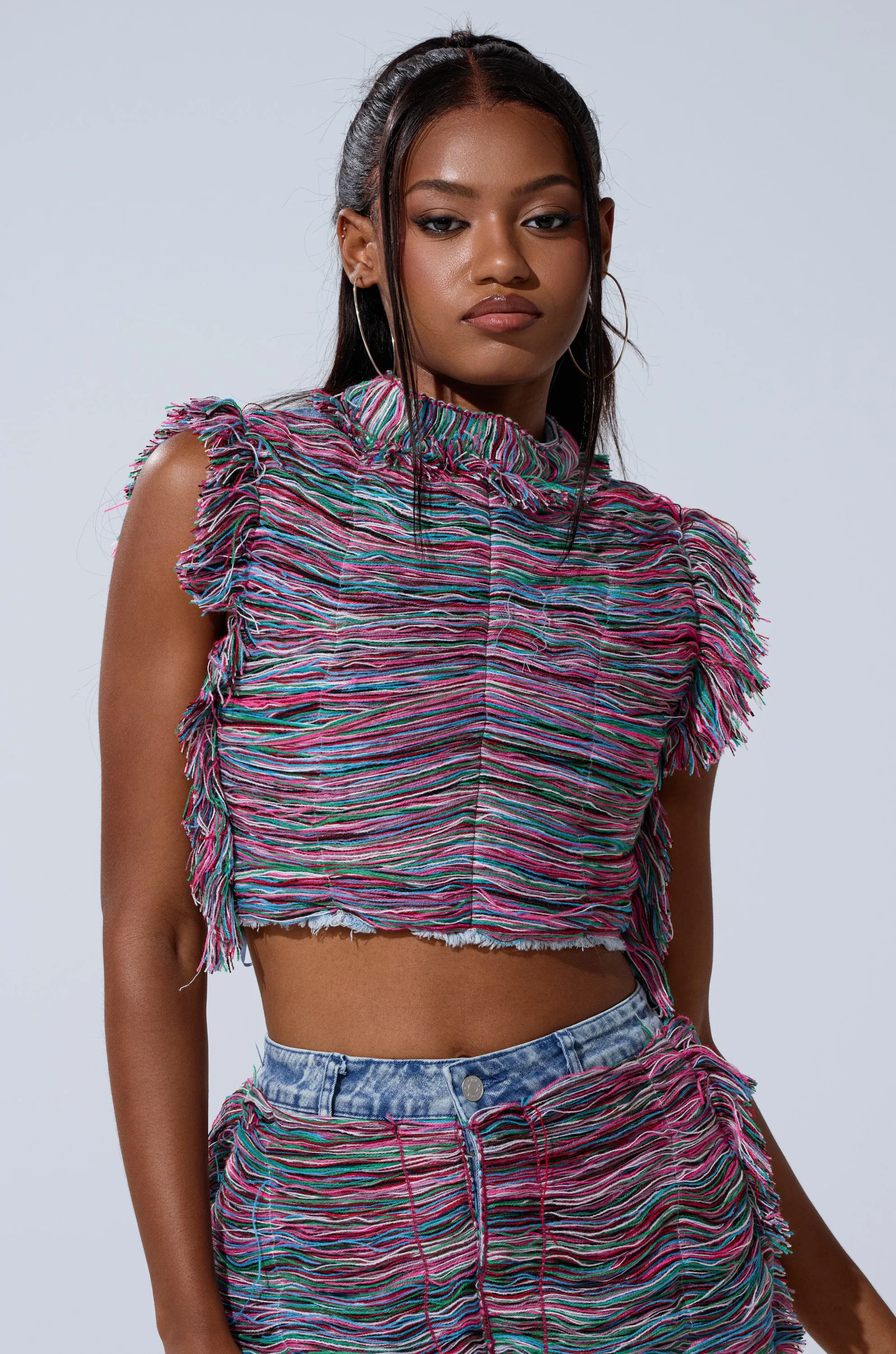 SHES GONE, DANCE ON GIRL SHREDDED DENIM TOP sold by AKIRA product image thumbnail 2