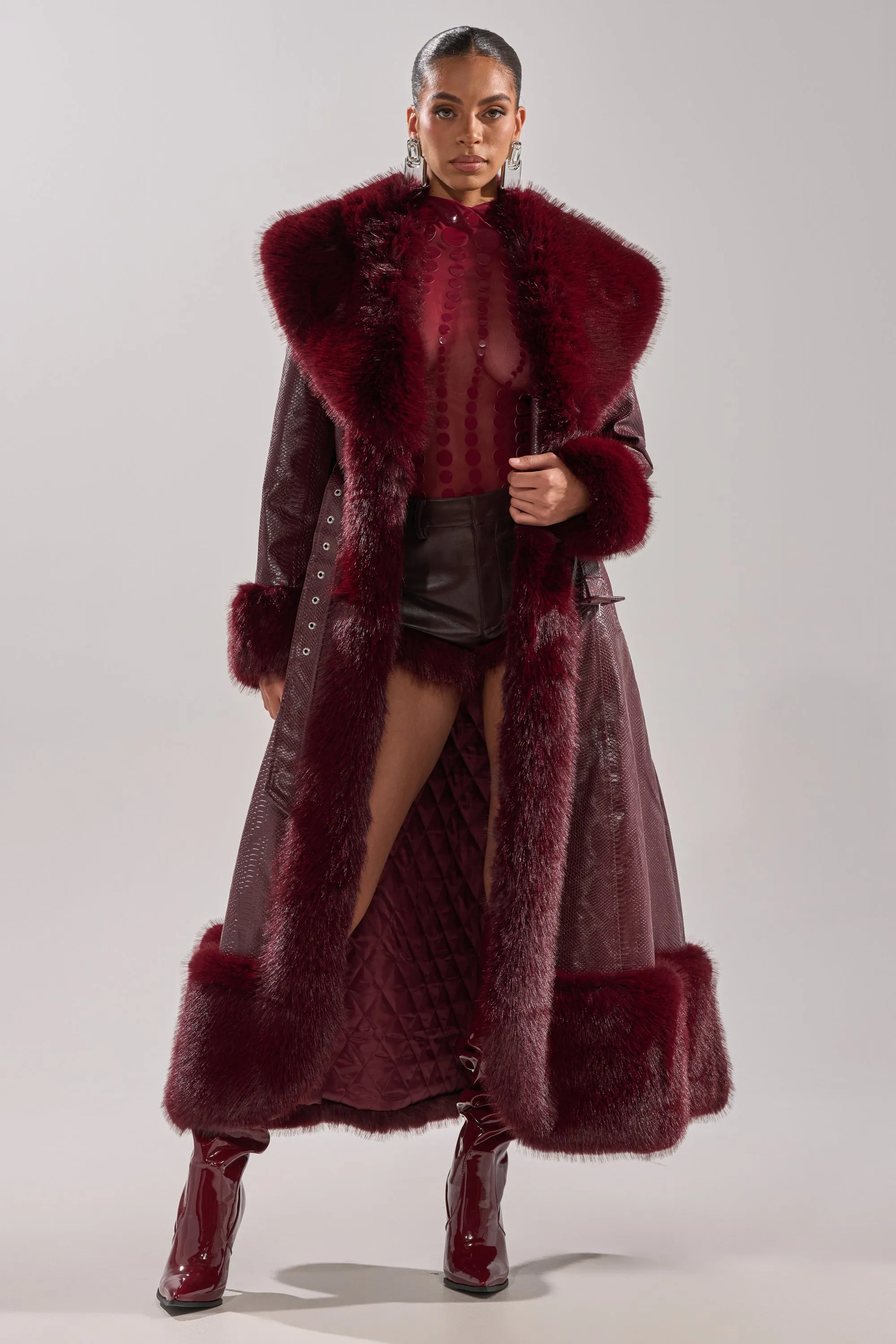 VIVIAN FUR TRIM TRENCH IN BURGUNDY sold by AKIRA product image thumbnail 2