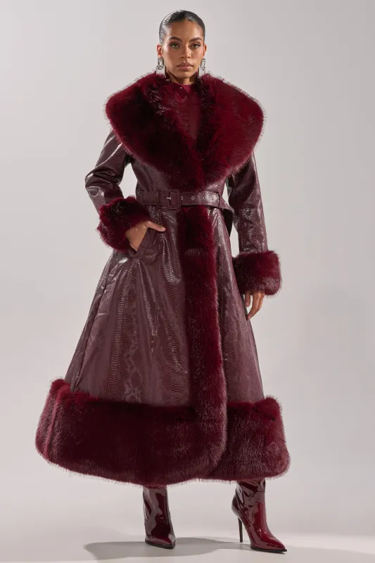 VIVIAN FUR TRIM TRENCH IN BURGUNDY sold by AKIRA
