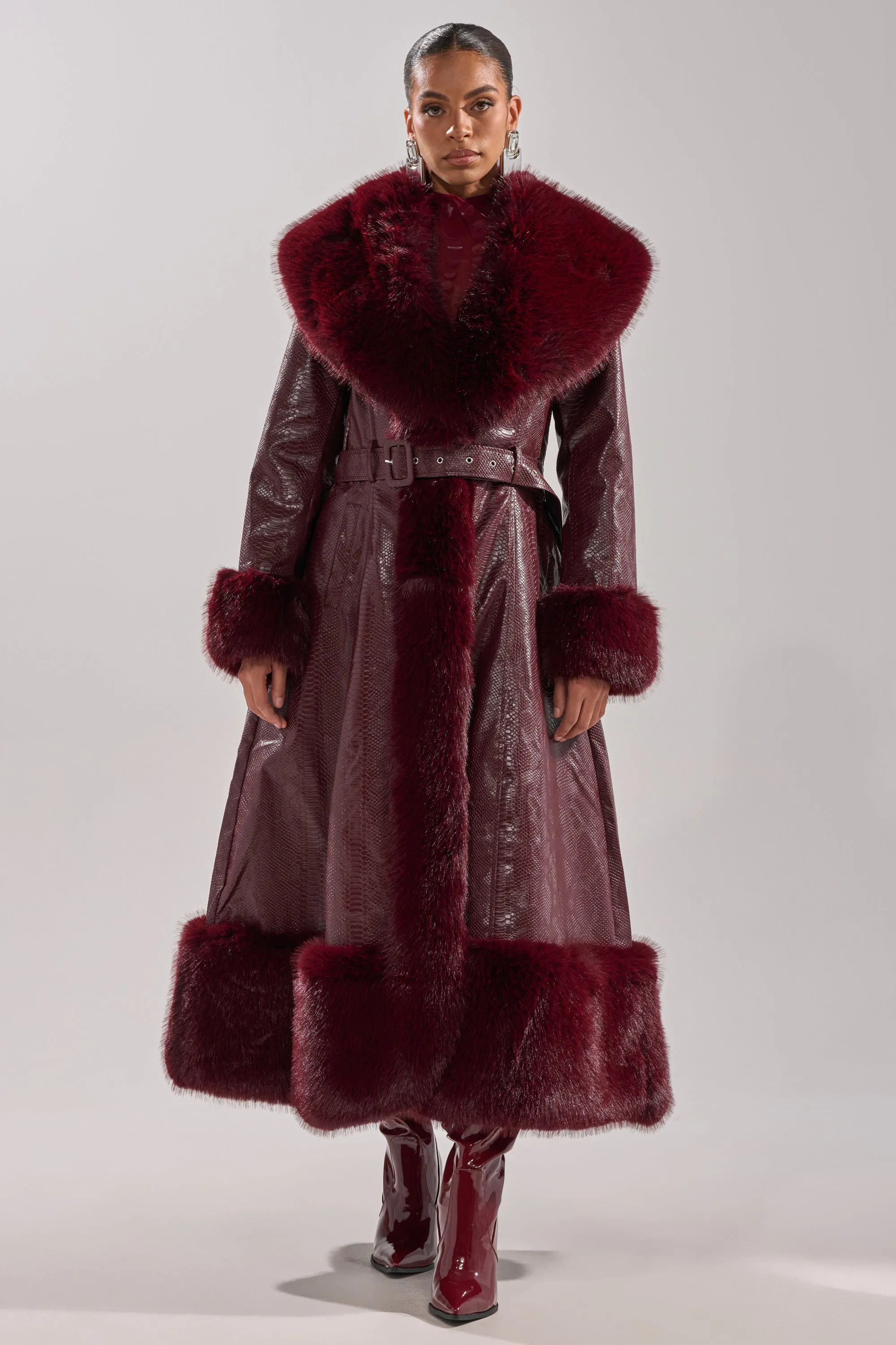 VIVIAN FUR TRIM TRENCH IN BURGUNDY sold by AKIRA product image thumbnail 4