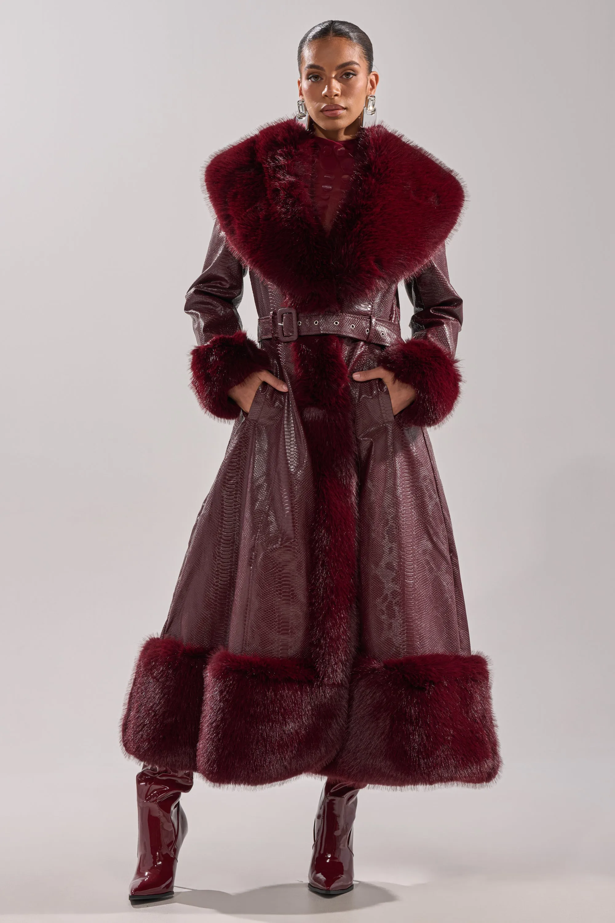 VIVIAN FUR TRIM TRENCH IN BURGUNDY sold by AKIRA product image thumbnail 3