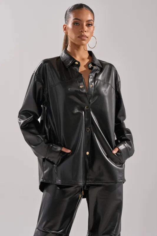 GET WITH IT FAUX LEATHER BUTTON DOWN sold by AKIRA