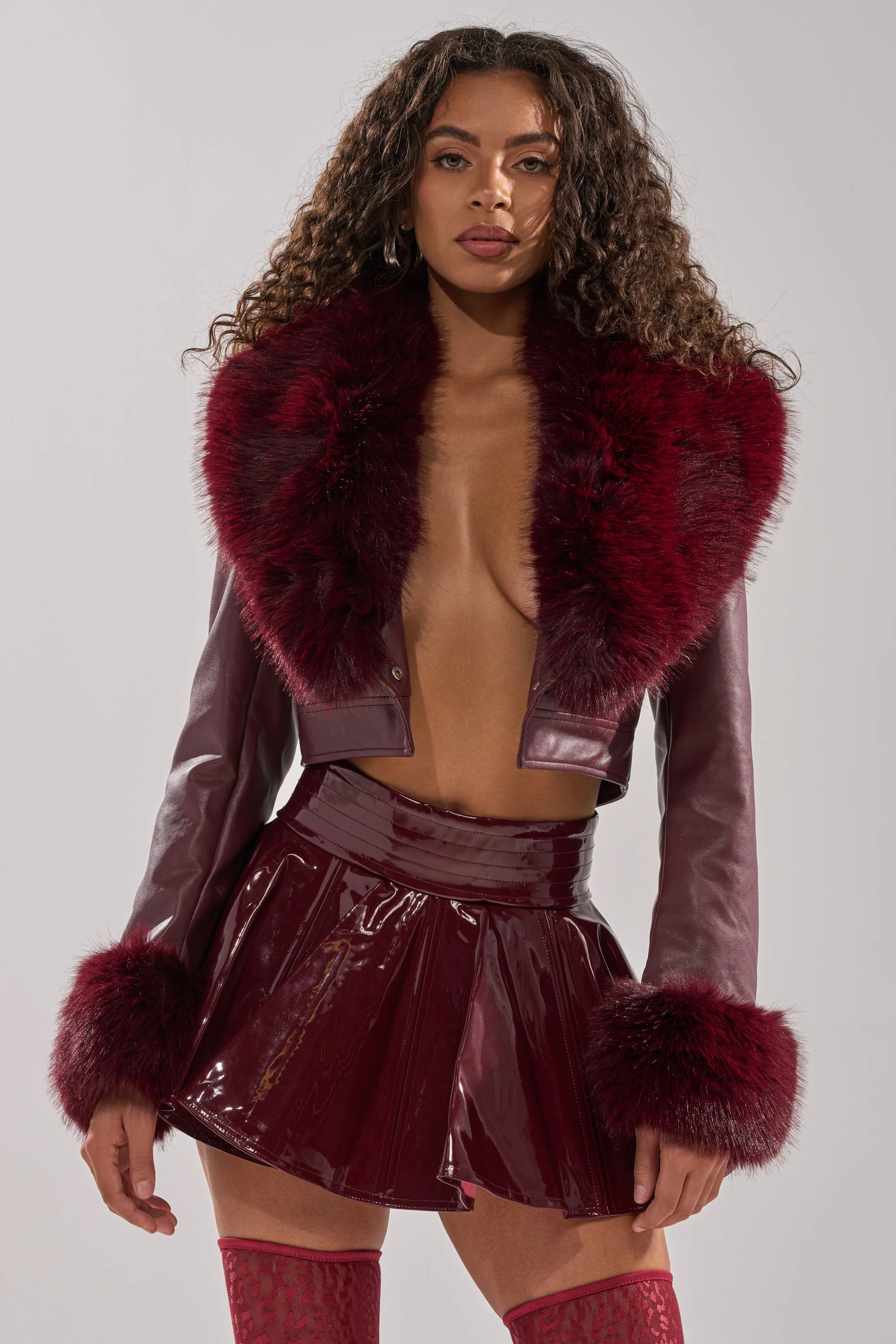 GISELE FUR TRIM MOTO IN BURGUNDY sold by AKIRA product image thumbnail 4