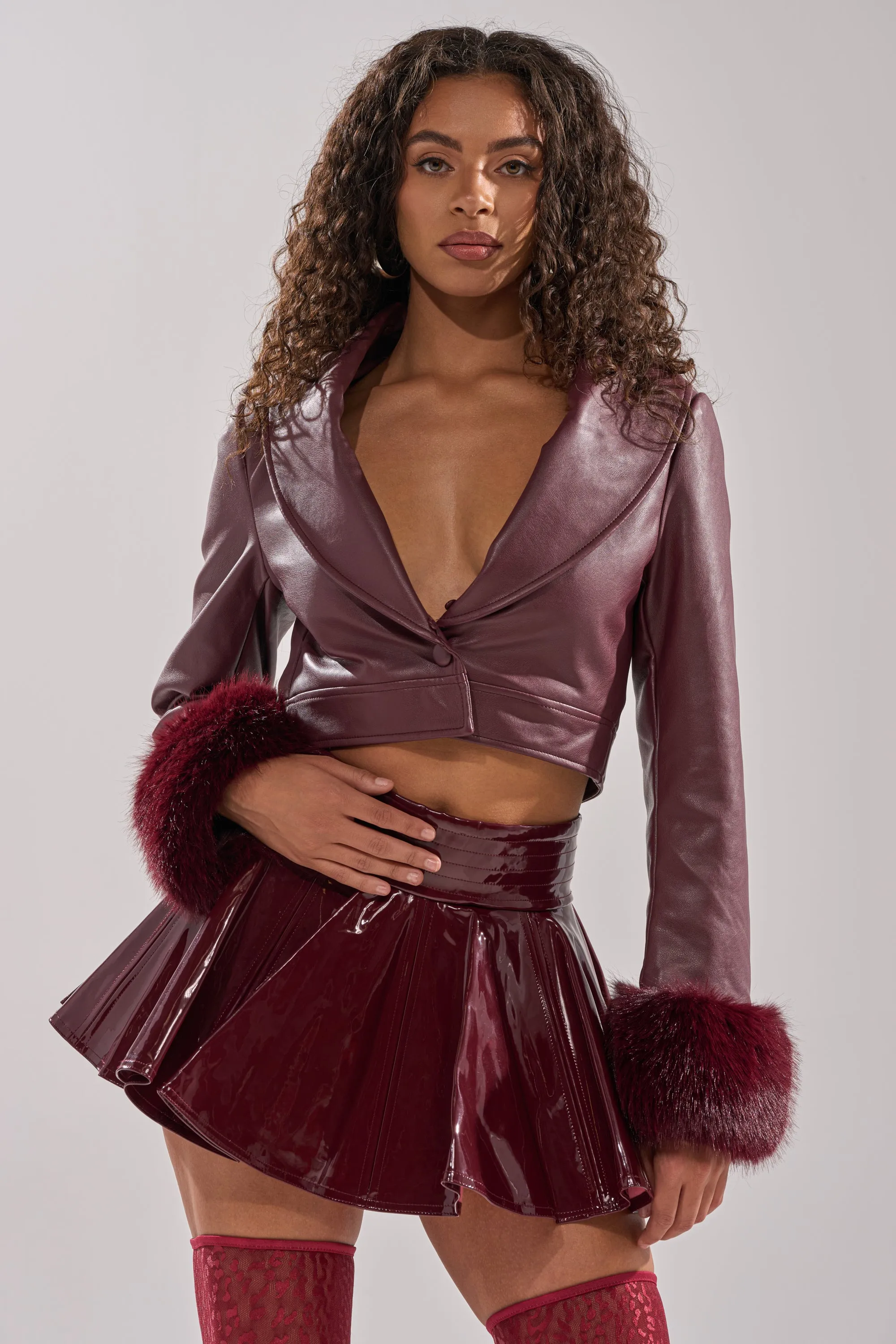 GISELE FUR TRIM MOTO IN BURGUNDY sold by AKIRA product image thumbnail 5