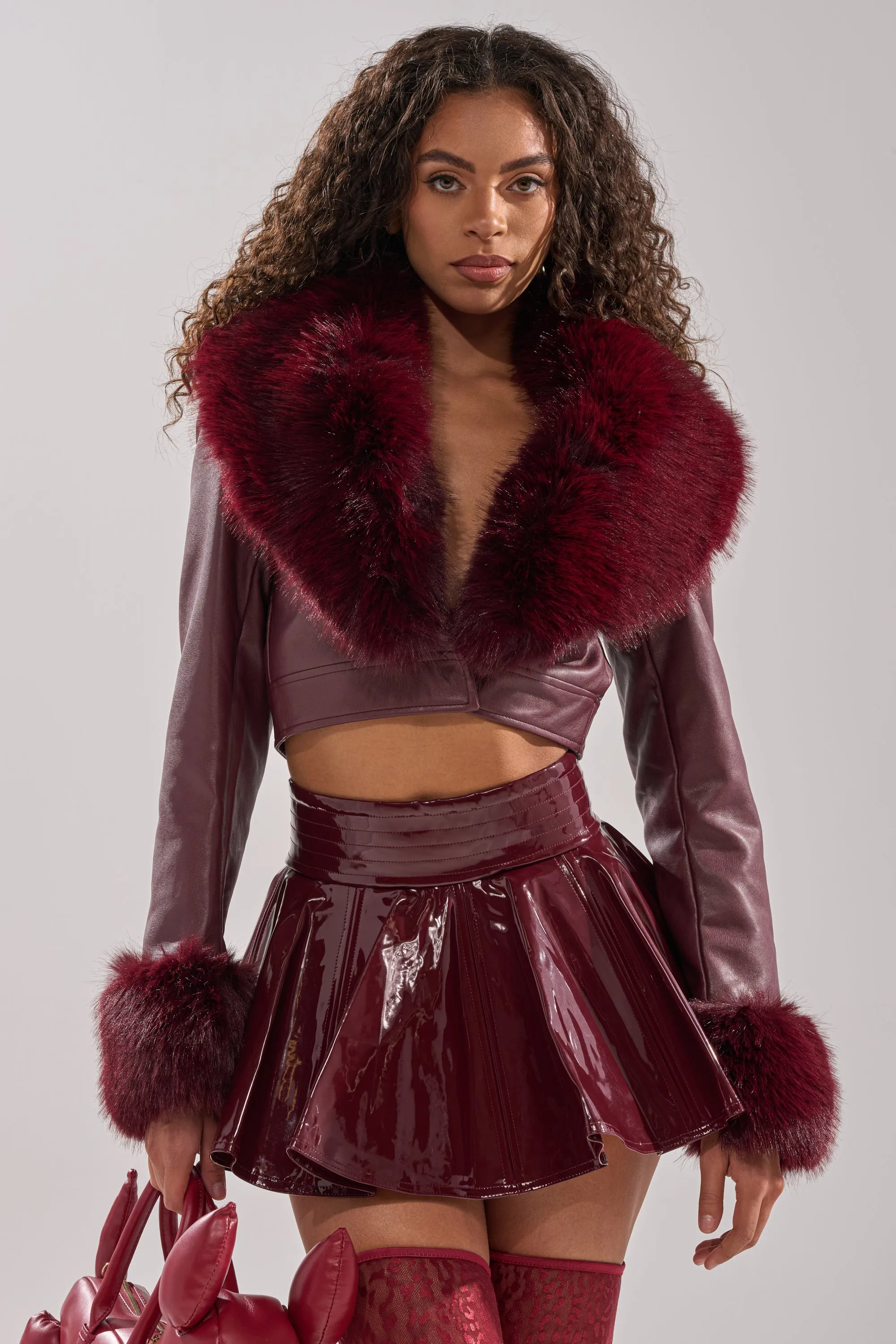 GISELE FUR TRIM MOTO IN BURGUNDY sold by AKIRA product image thumbnail 2