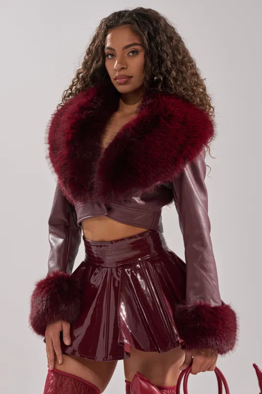 GISELE FUR TRIM MOTO IN BURGUNDY sold by AKIRA