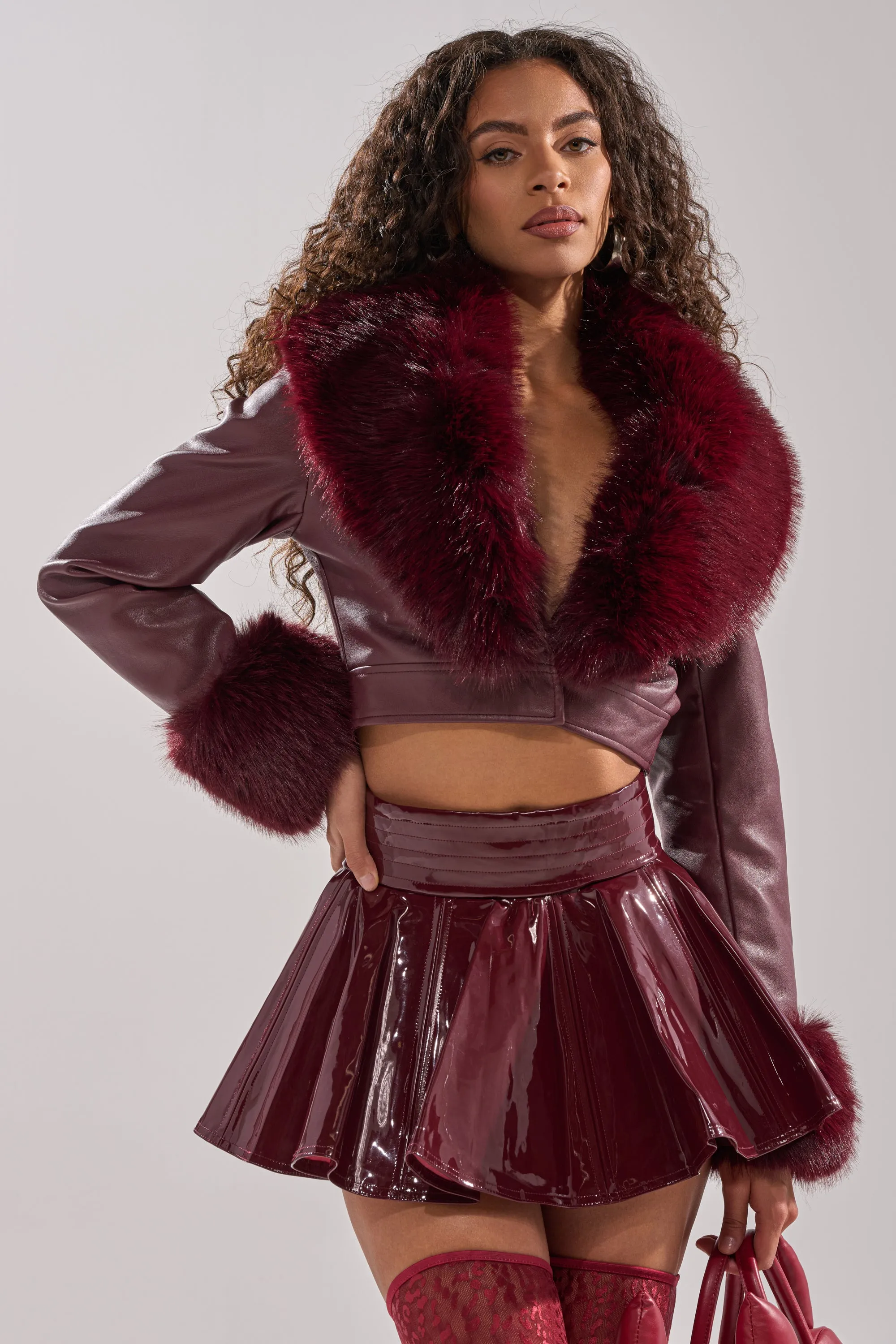 GISELE FUR TRIM MOTO IN BURGUNDY sold by AKIRA product image thumbnail 3