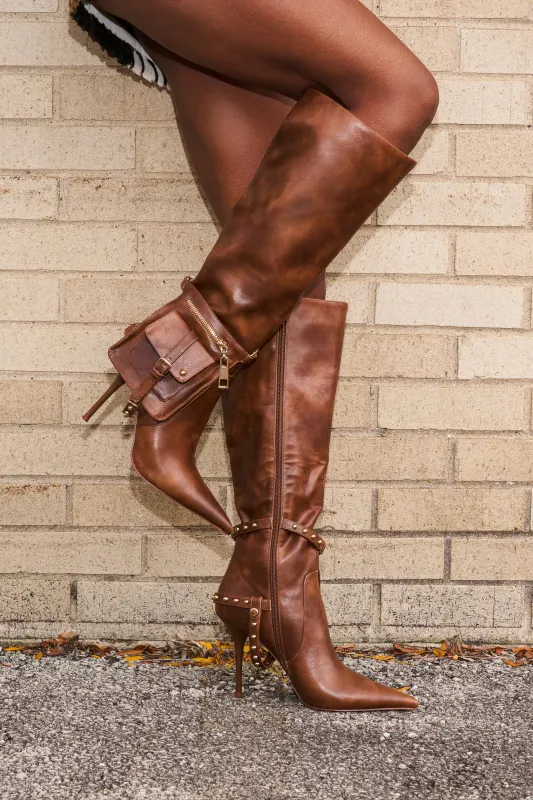 AZALEA WANG RONDEL BROWN DISTRESSED STILETTO BOOT sold by AKIRA