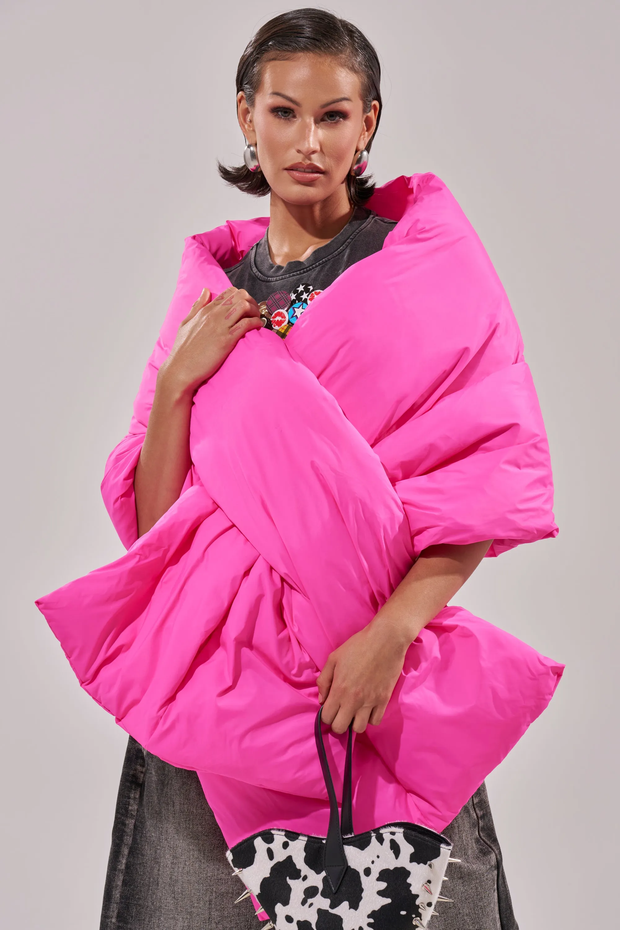 WRAPPED UP PUFFER SCARF IN PINK sold by AKIRA