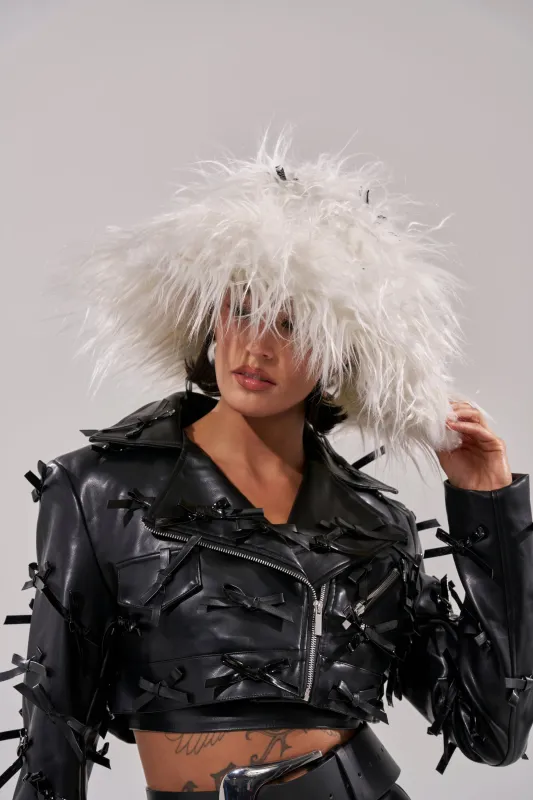 WITH A BOW FAUX FUR BUCKET HAT sold by AKIRA