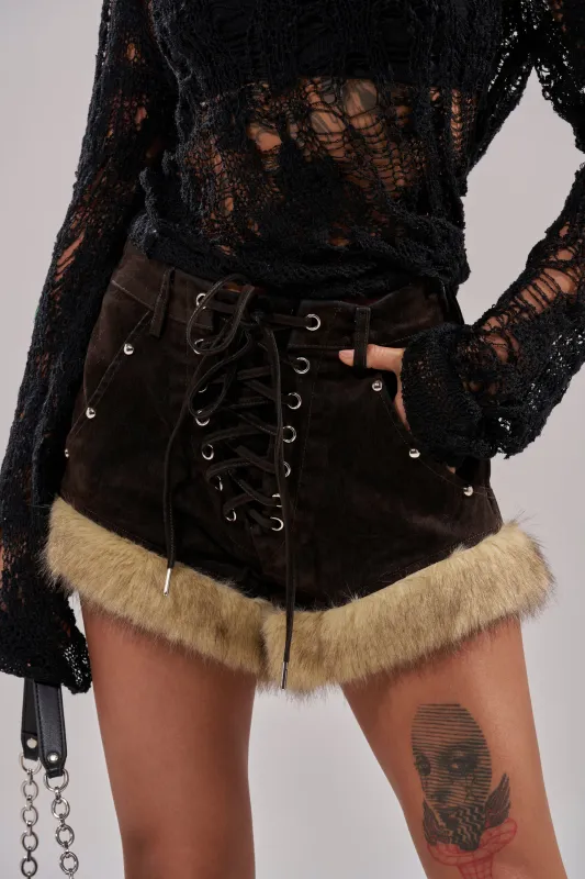 ANGEL OF MINE DENIM LACE UP SHORT sold by AKIRA