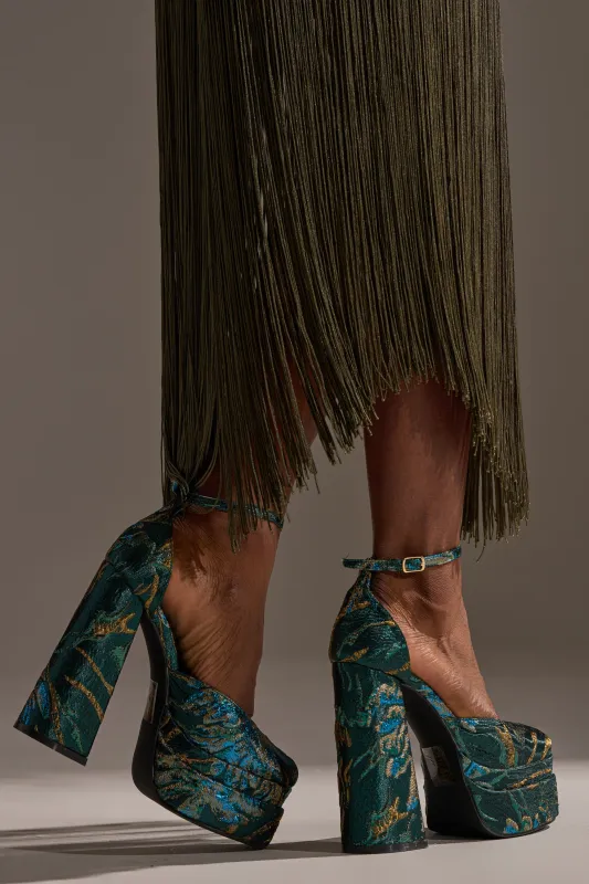 AZALEA WANG ZIPPHORA BLUE BROCADE CHUNKY PUMP sold by AKIRA