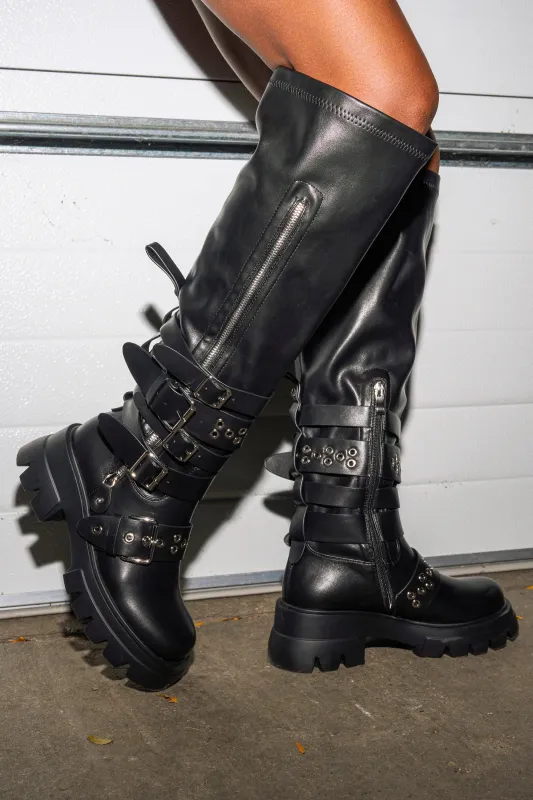 AZALEA WANG CORDOVAN BLACK BELTED BOOT sold by AKIRA