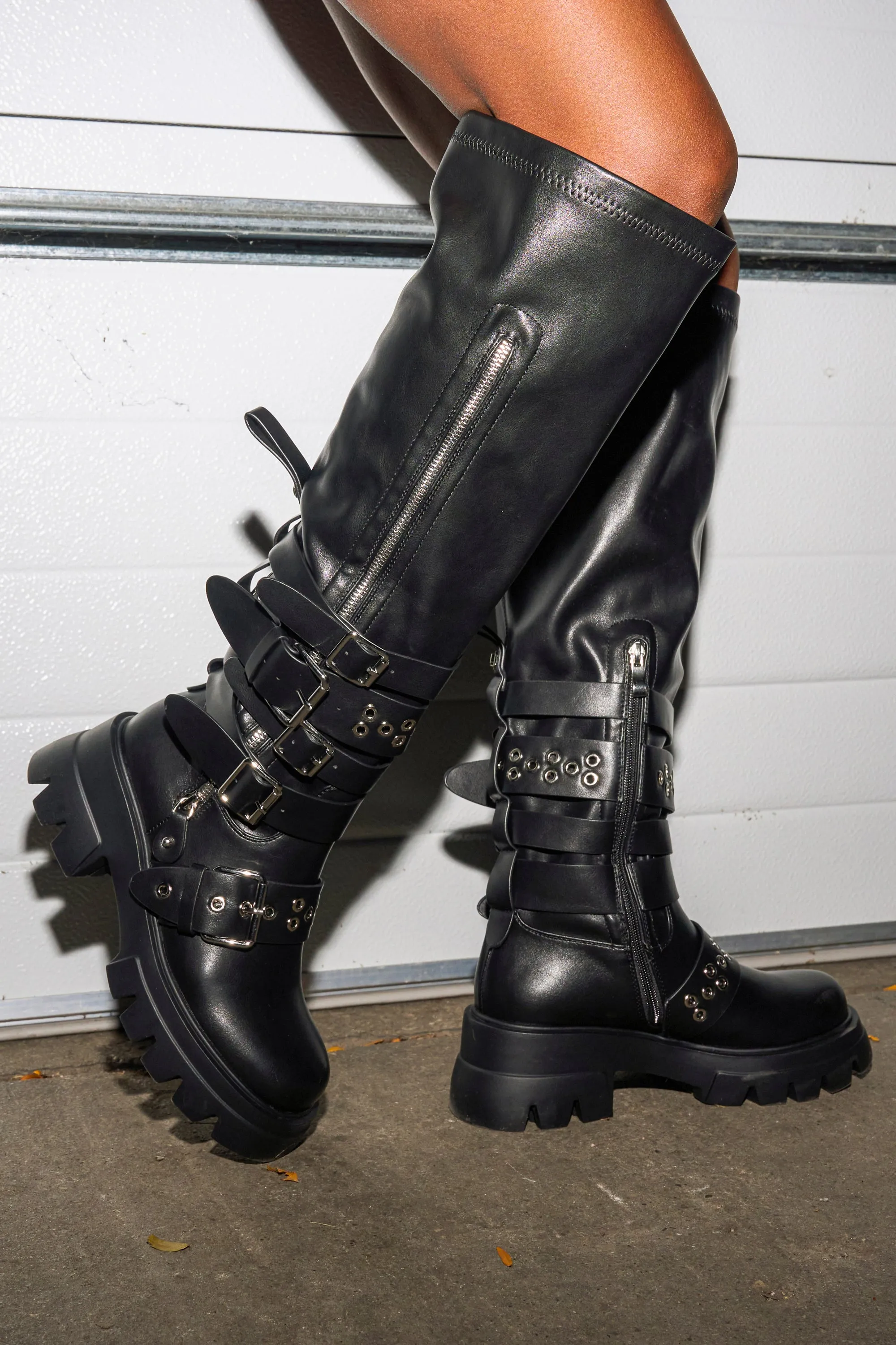 AZALEA WANG CORDOVAN BLACK BELTED BOOT sold by AKIRA