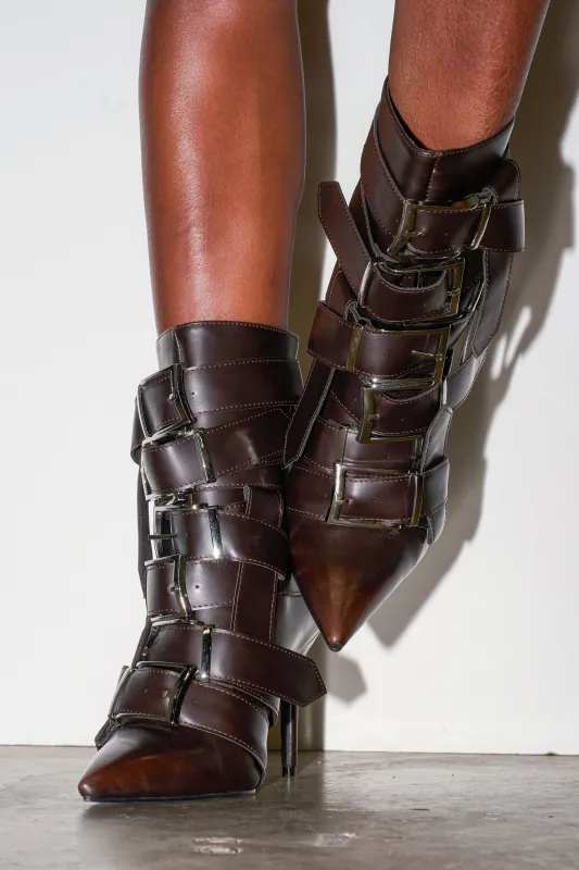 AZALEA WANG ALCETAS CHOCOLATE STILETTO BOOTIE WITH BUCKLES sold by AKIRA