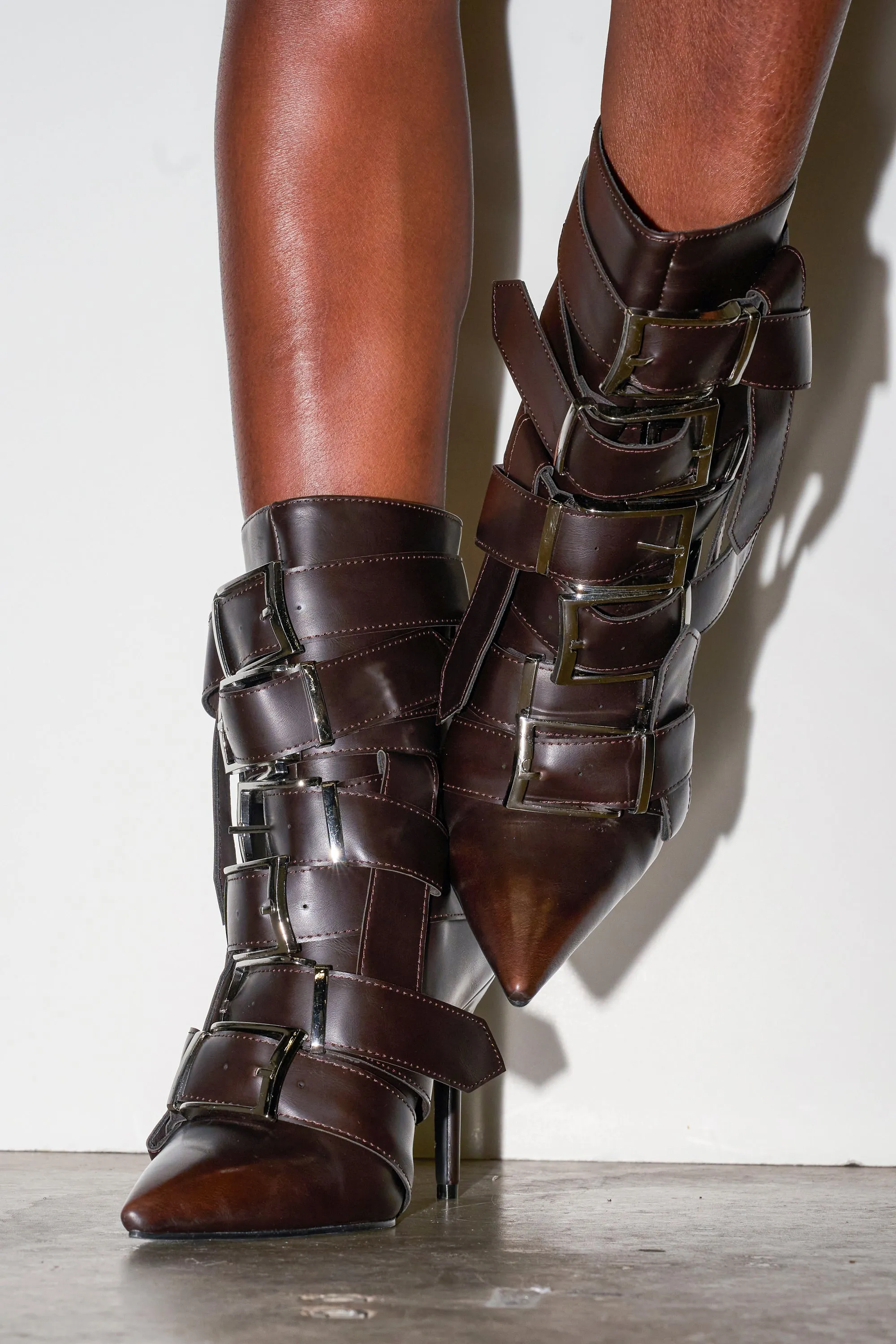 AZALEA WANG ALCETAS CHOCOLATE STILETTO BOOTIE WITH BUCKLES sold by AKIRA