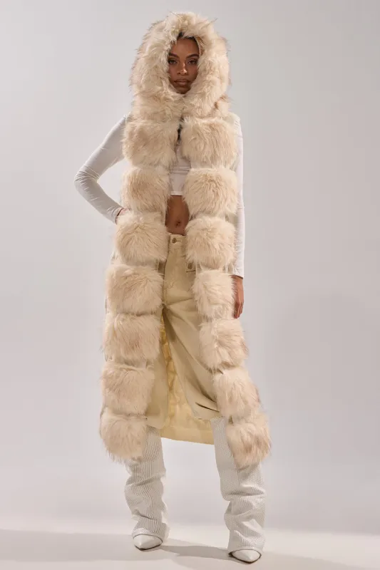 LUXURIOUS FAUX FUR HOODED VEST sold by AKIRA