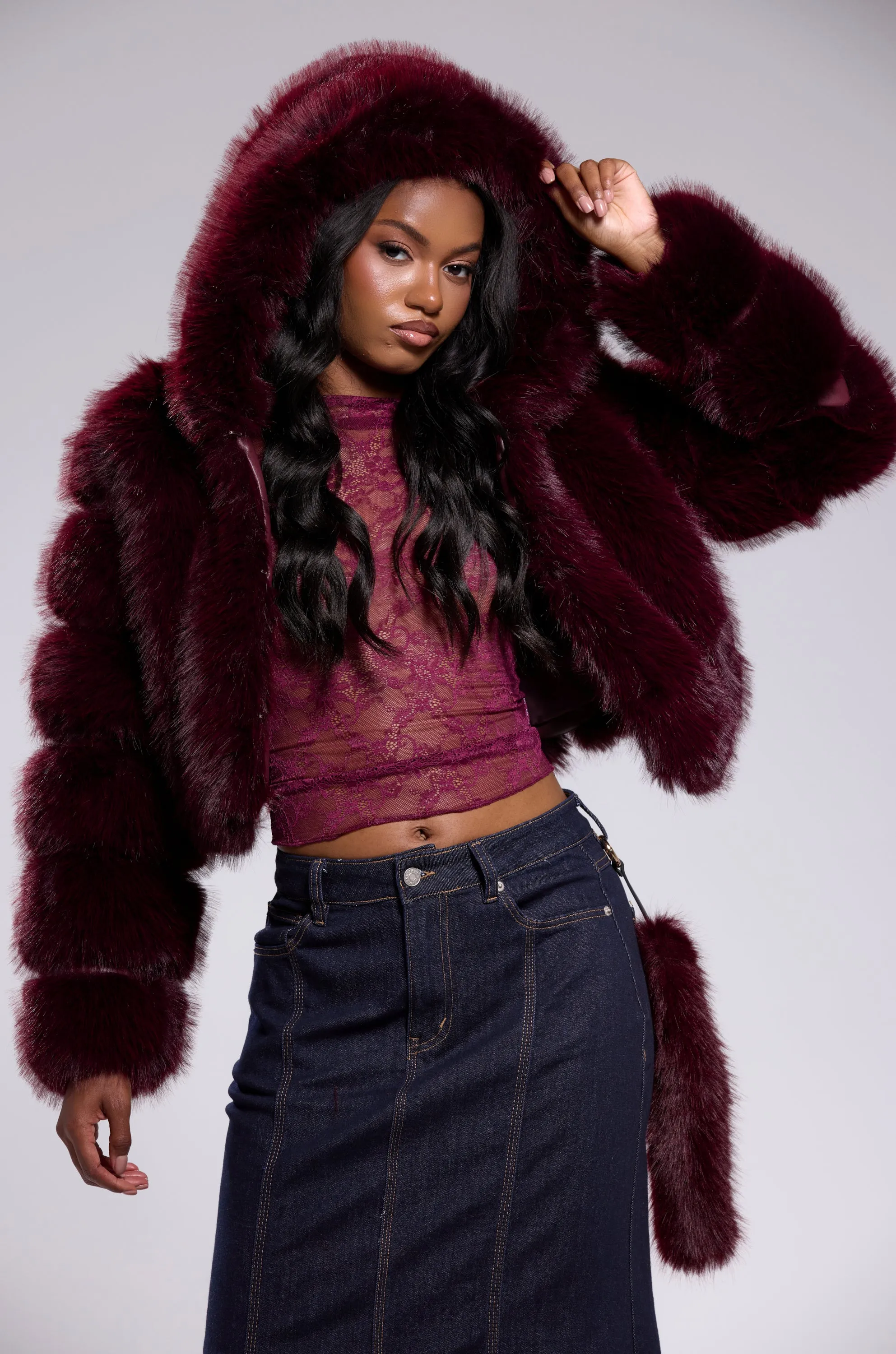JOLENE FAUX FUR COAT IN BURGUNDY sold by AKIRA product image thumbnail 3