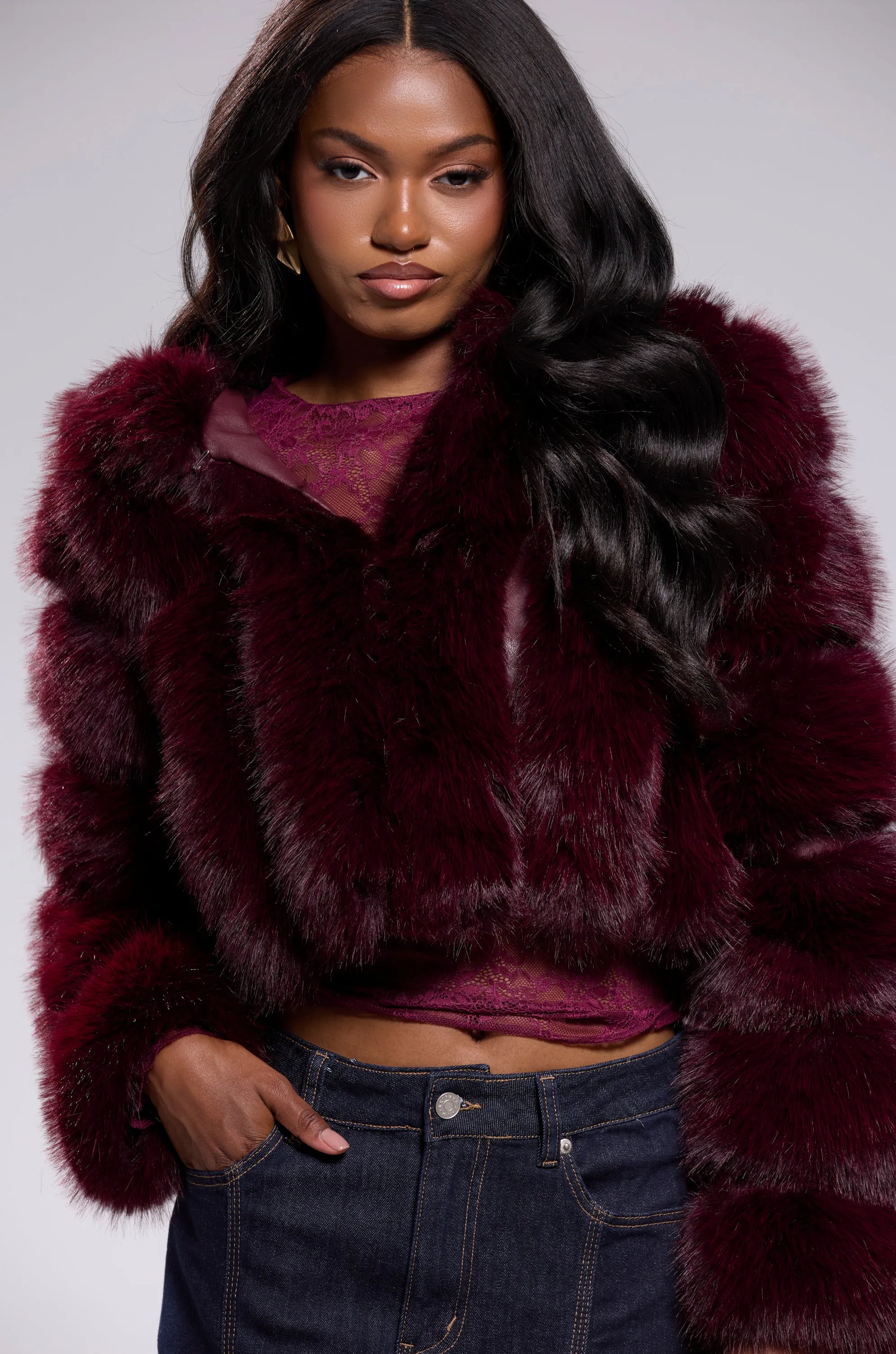 JOLENE FAUX FUR COAT IN BURGUNDY sold by AKIRA product image thumbnail 2
