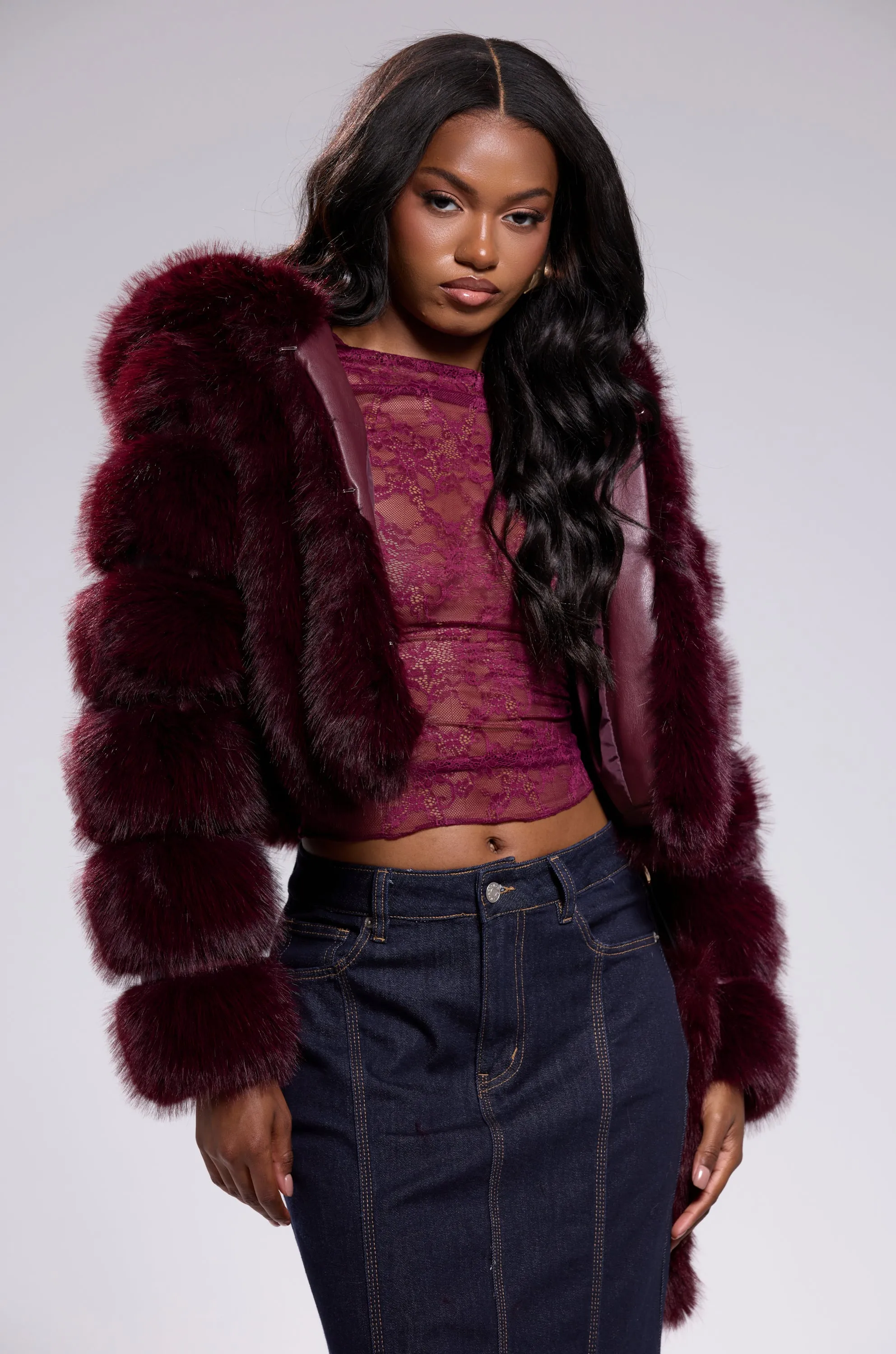 JOLENE FAUX FUR COAT IN BURGUNDY sold by AKIRA product image thumbnail 5