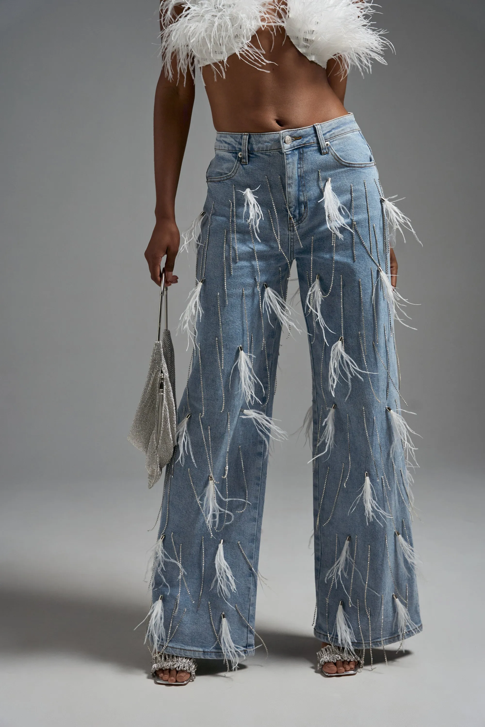 SHAKE IT FOR ME GIRL FEATHER EMBELLISHED DENIM sold by AKIRA product image thumbnail 2