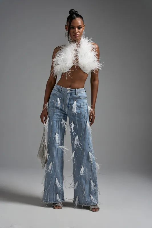 SHAKE IT FOR ME GIRL FEATHER EMBELLISHED DENIM sold by AKIRA