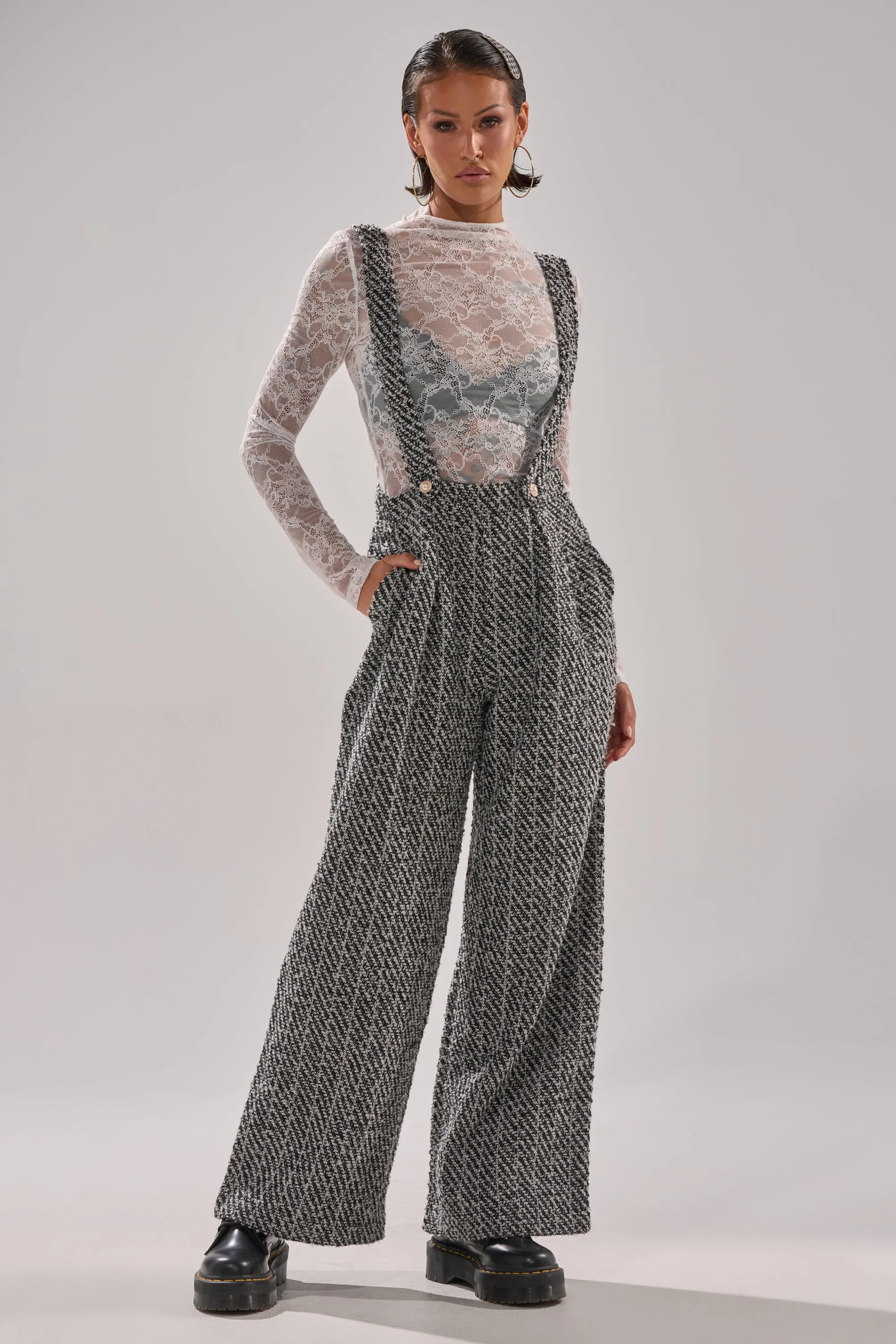 ALESSANDRA TWEED OVERALLS sold by AKIRA